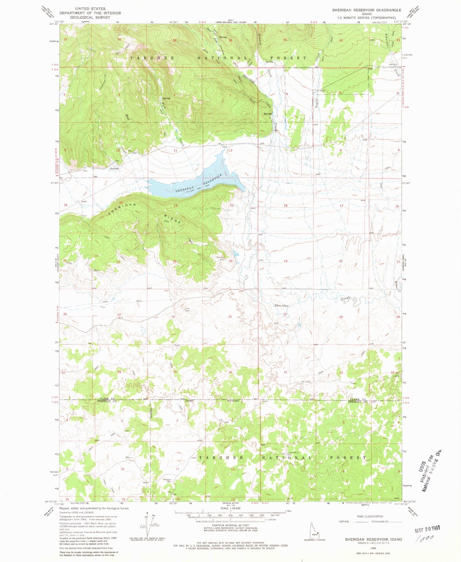 Classic USGS Sheridan Reservoir Idaho 7.5'x7.5' Topo Map Image