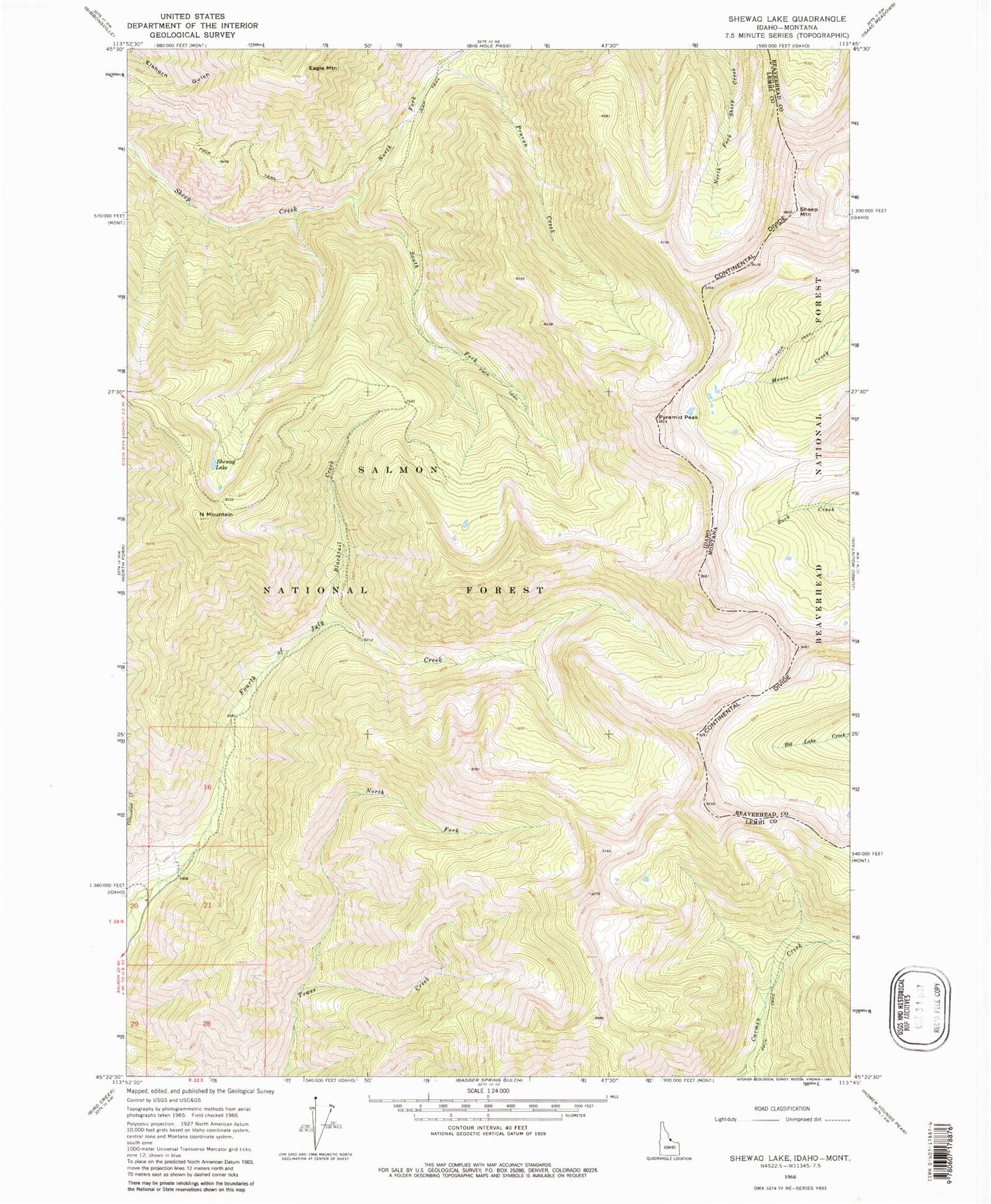 Classic USGS Shewag Lake Idaho 7.5'x7.5' Topo Map Image