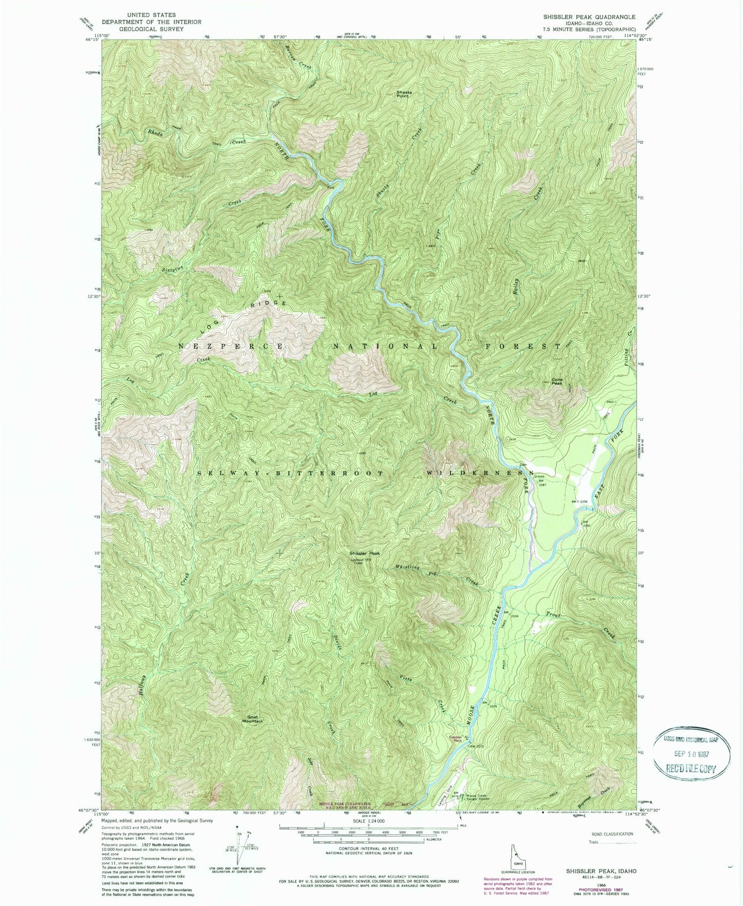 Classic USGS Shissler Peak Idaho 7.5'x7.5' Topo Map Image