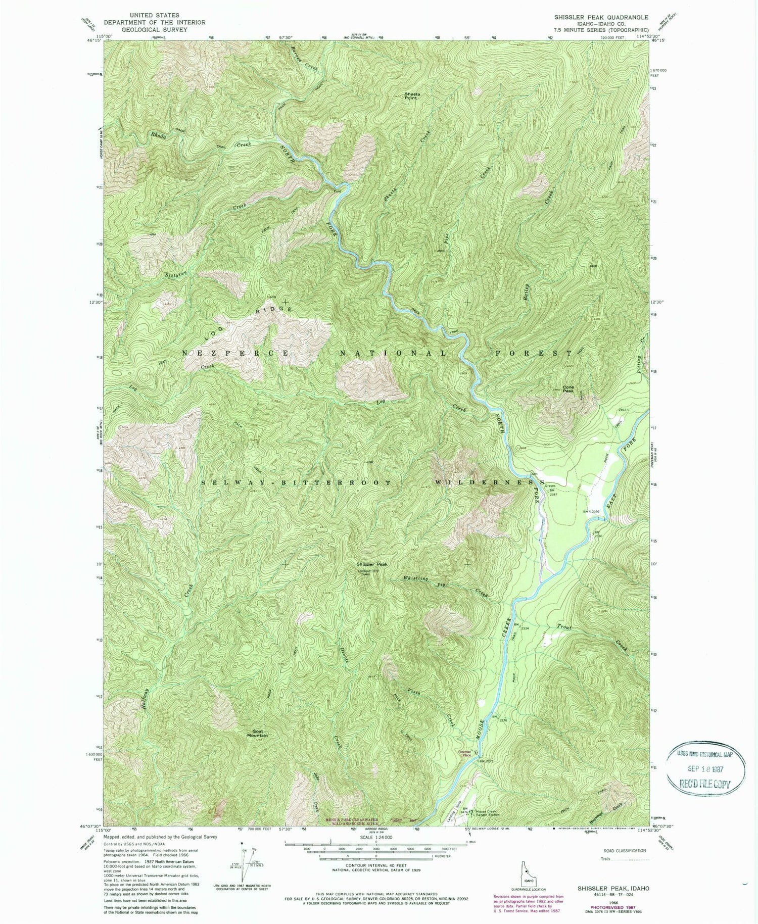 Classic USGS Shissler Peak Idaho 7.5'x7.5' Topo Map Image