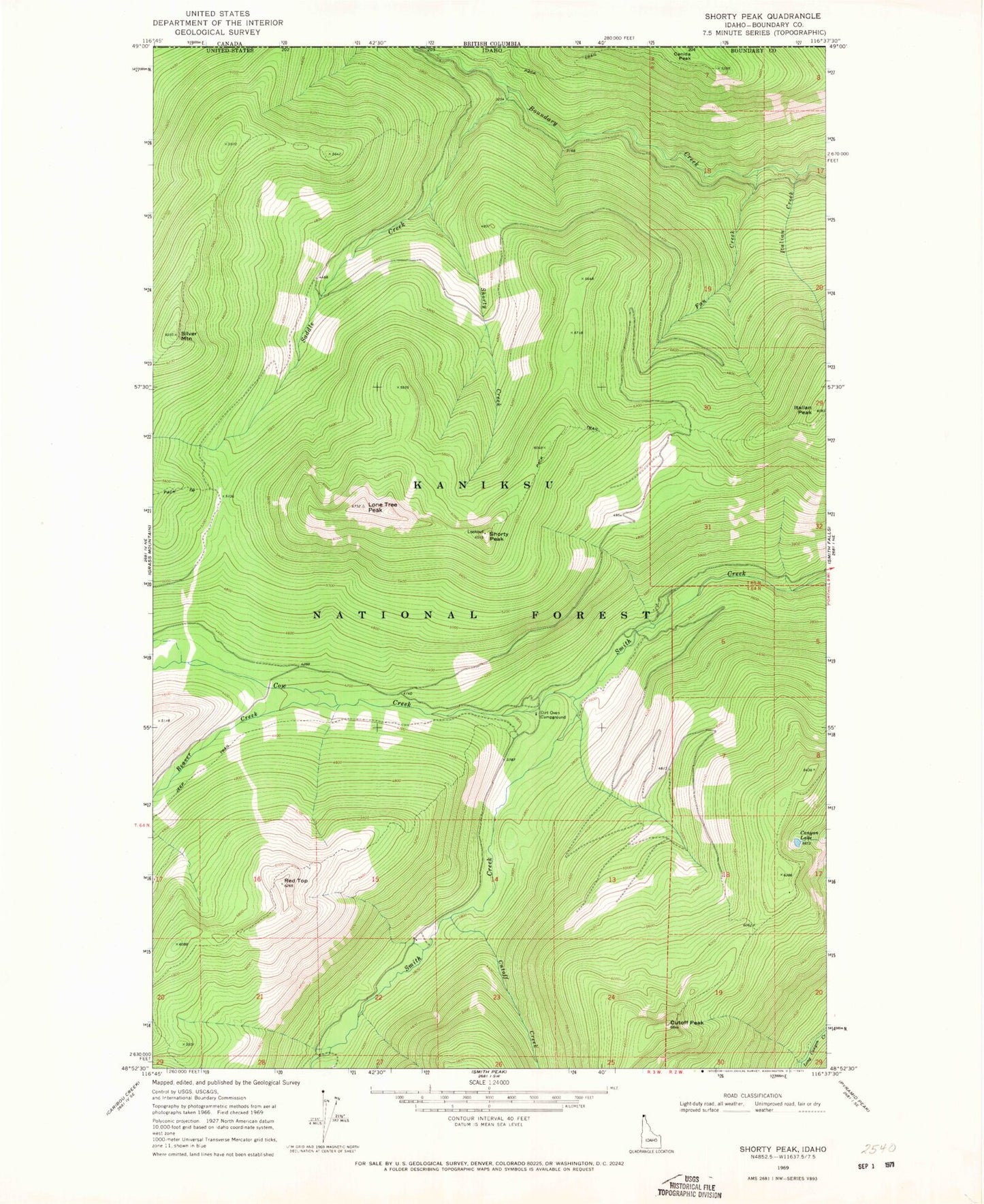 Classic USGS Shorty Peak Idaho 7.5'x7.5' Topo Map Image