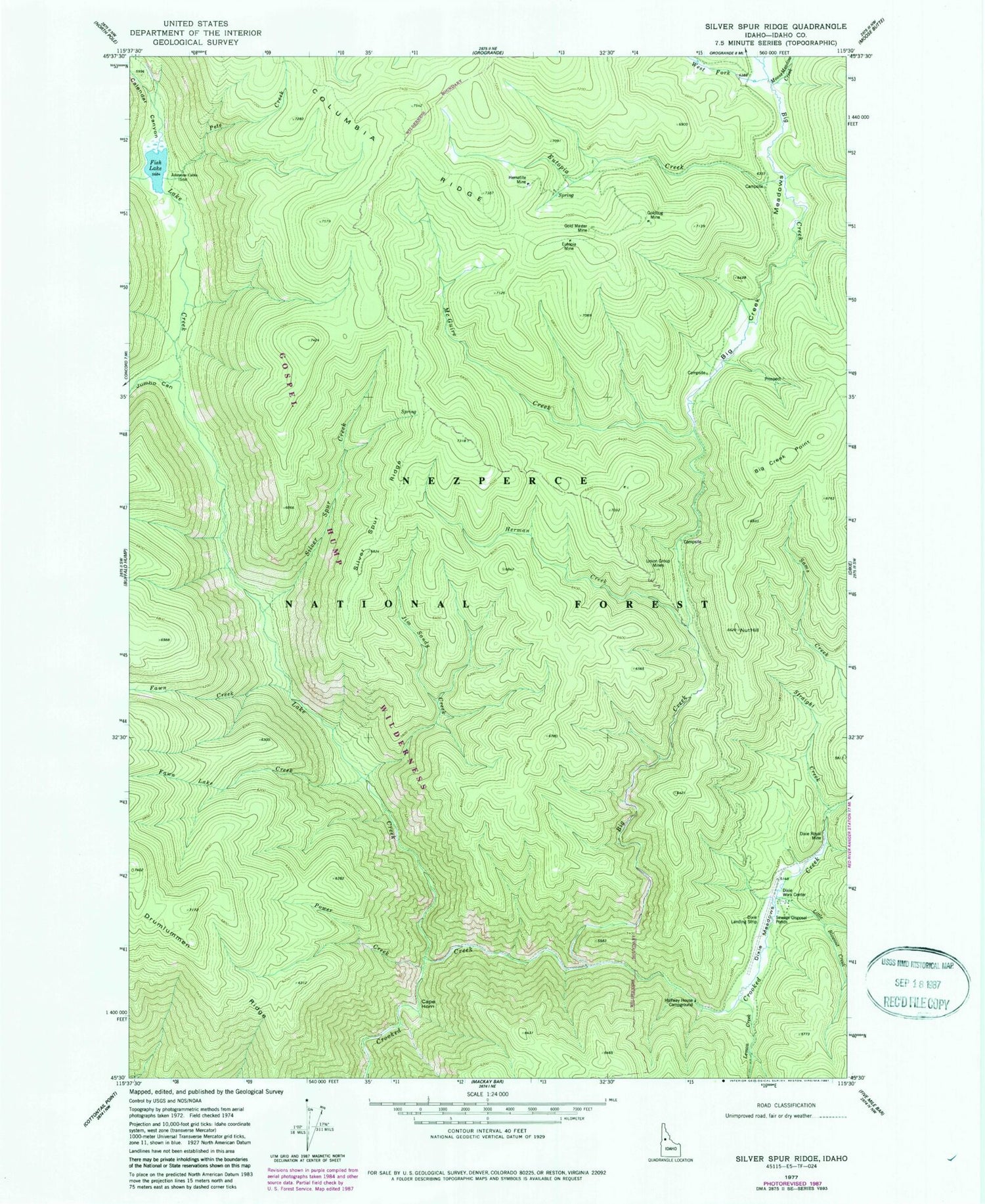 Classic USGS Silver Spur Ridge Idaho 7.5'x7.5' Topo Map Image