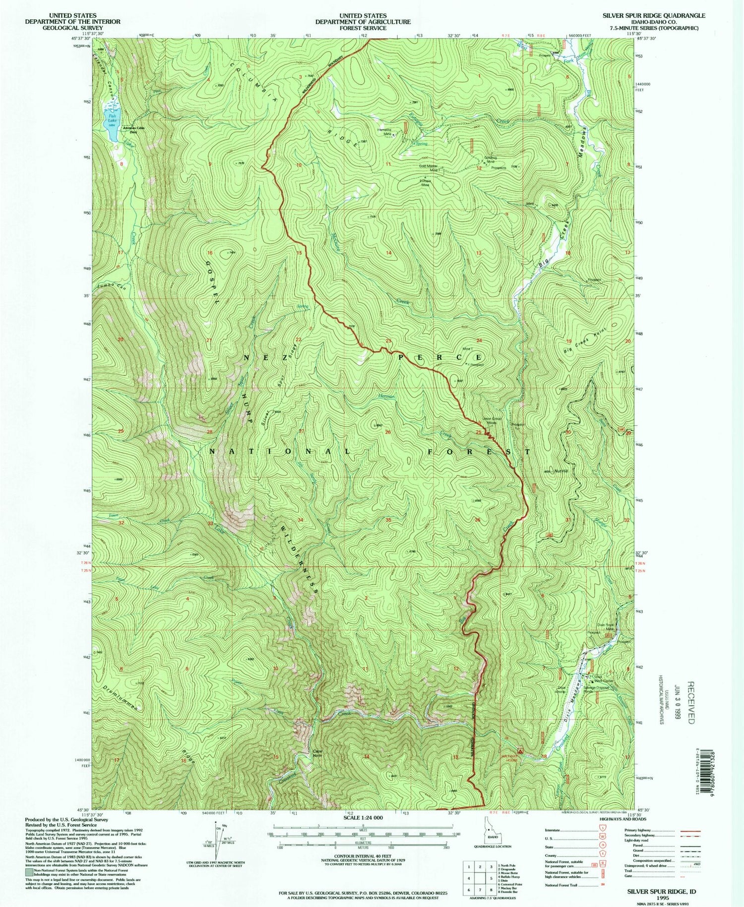 Classic USGS Silver Spur Ridge Idaho 7.5'x7.5' Topo Map Image