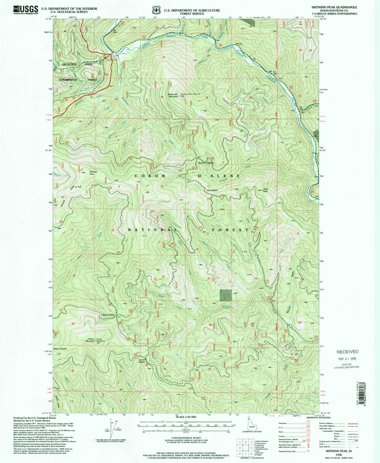 Classic USGS Skitwish Peak Idaho 7.5'x7.5' Topo Map Image