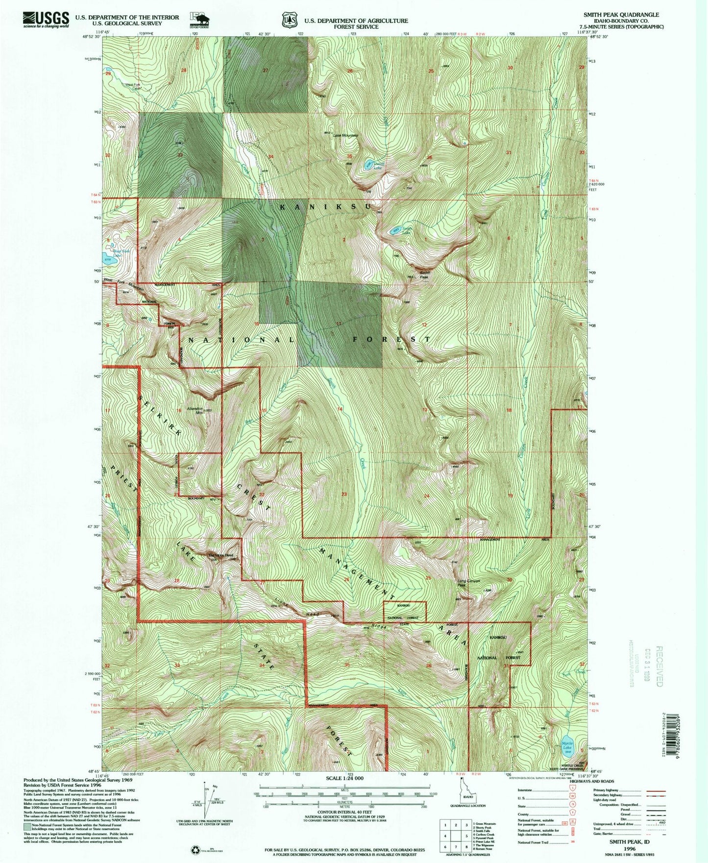 Classic USGS Smith Peak Idaho 7.5'x7.5' Topo Map Image