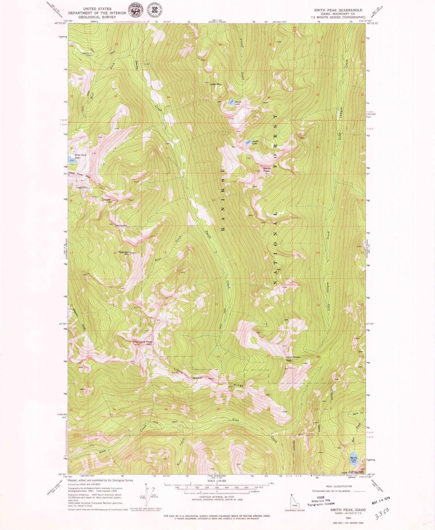 Classic USGS Smith Peak Idaho 7.5'x7.5' Topo Map Image