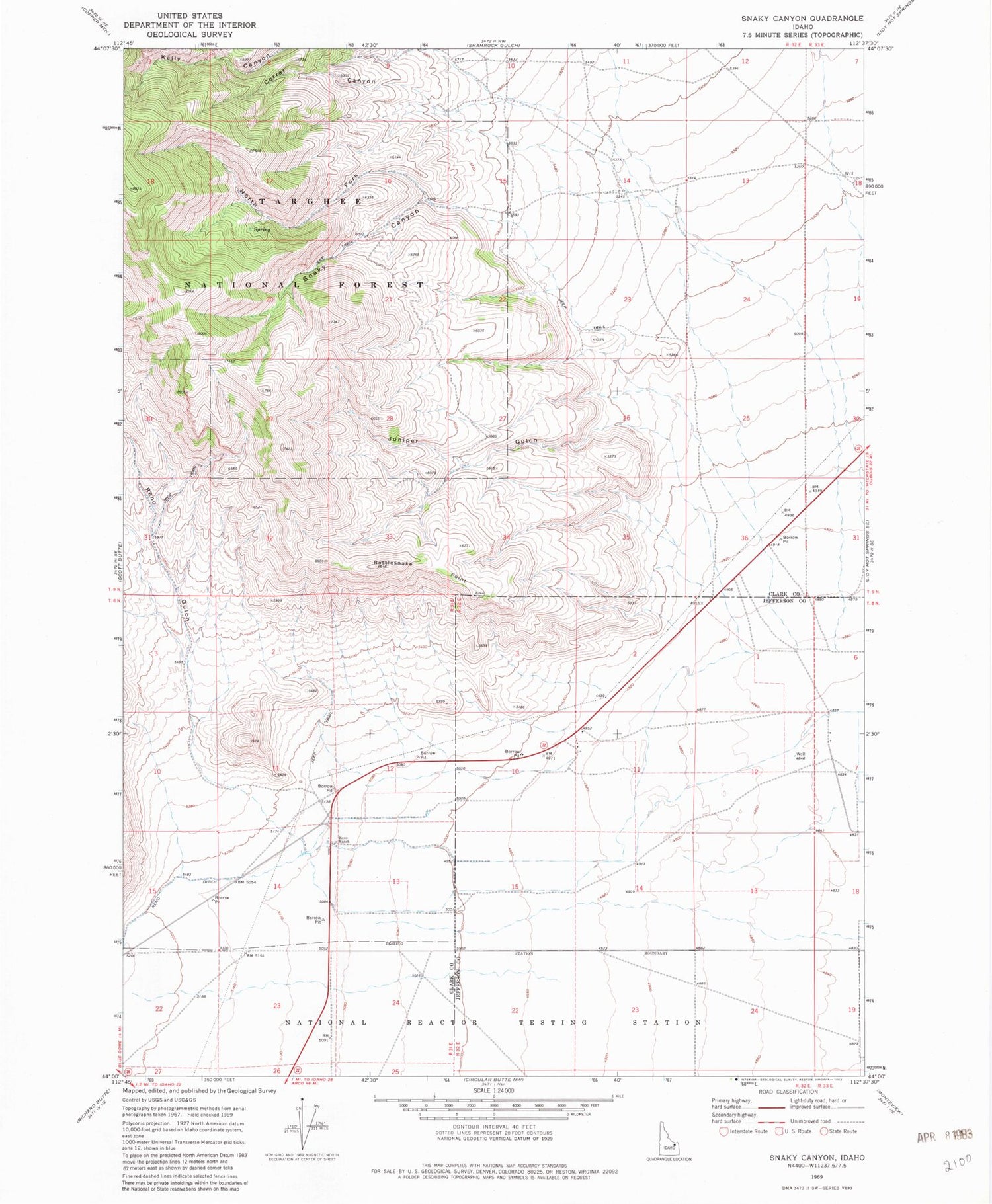 Classic USGS Snaky Canyon Idaho 7.5'x7.5' Topo Map Image