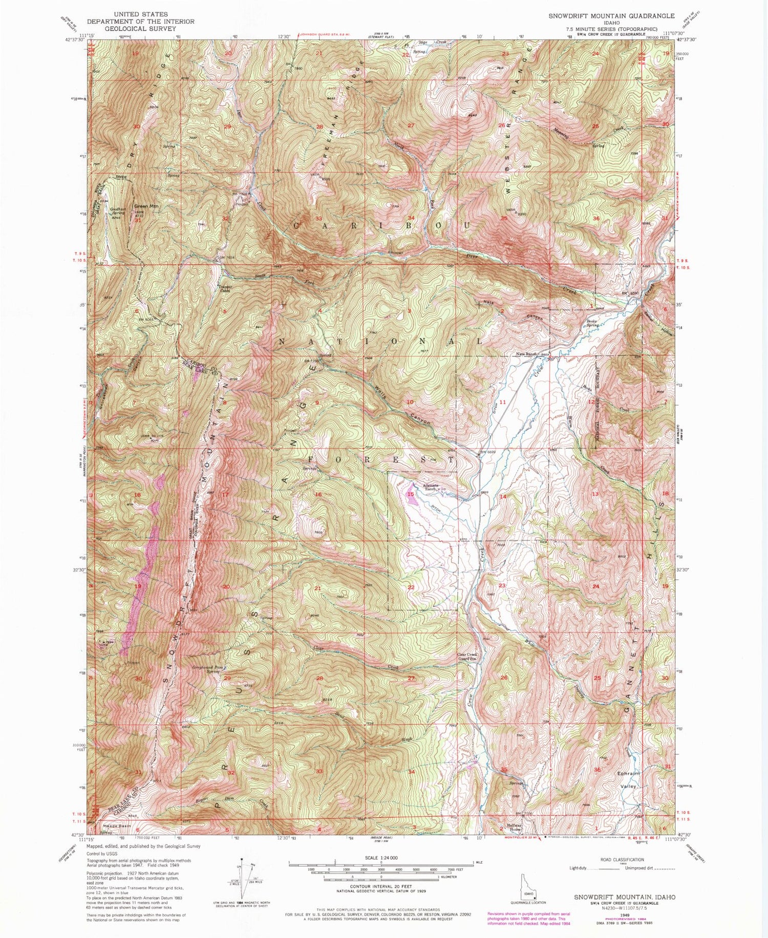 Classic USGS Snowdrift Mountain Idaho 7.5'x7.5' Topo Map Image