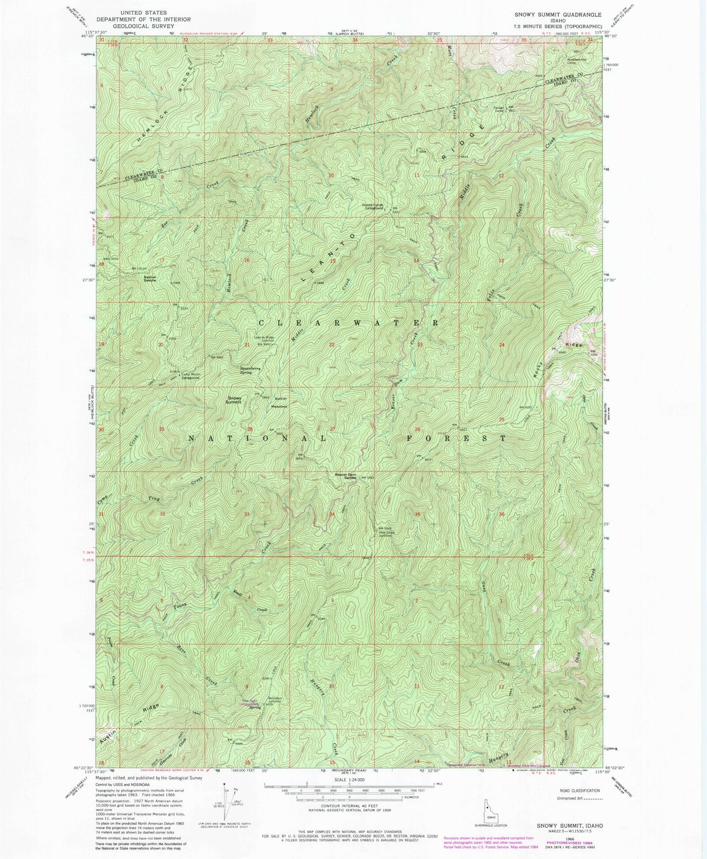 Classic USGS Snowy Summit Idaho 7.5'x7.5' Topo Map Image