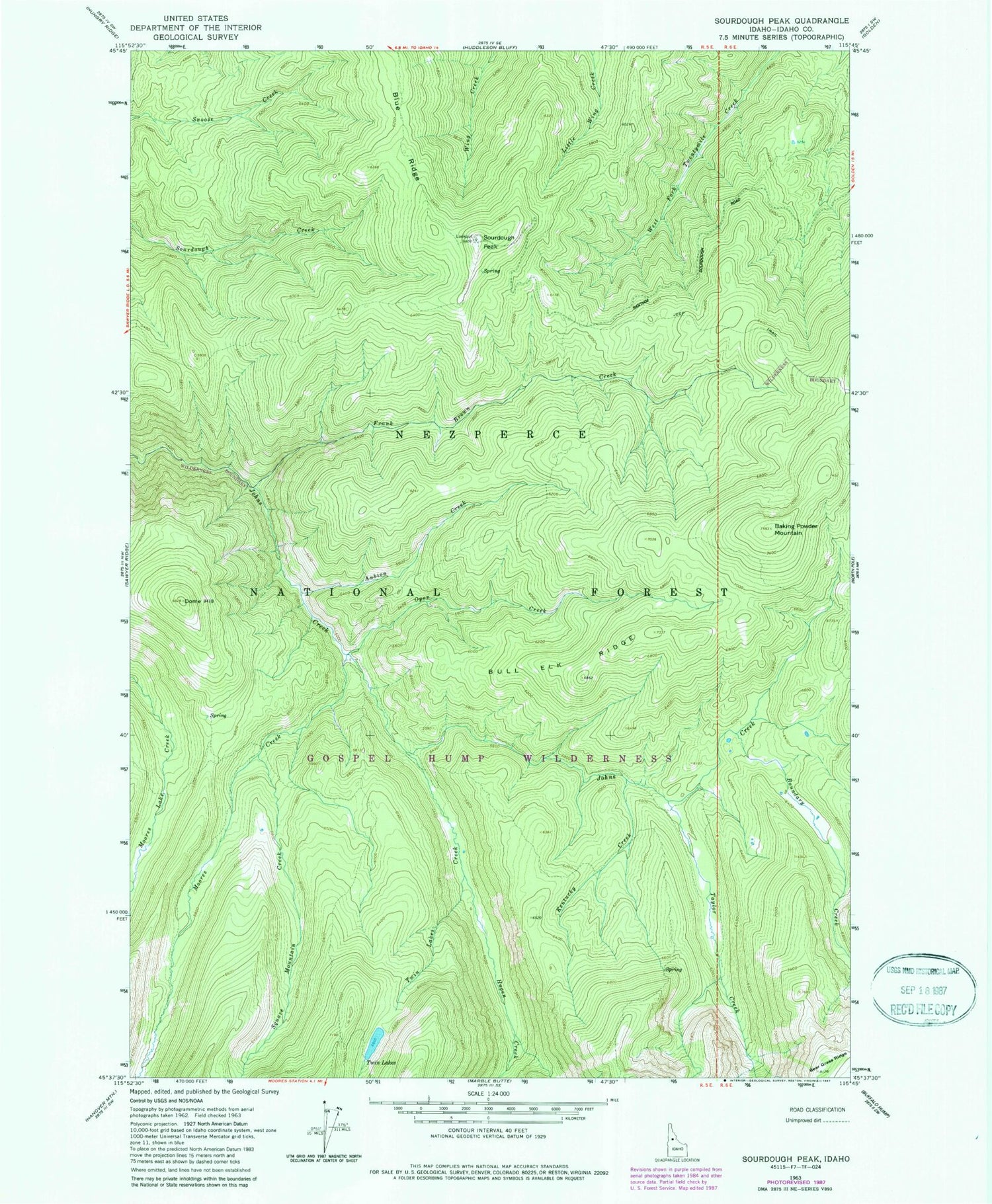 Classic USGS Sourdough Peak Idaho 7.5'x7.5' Topo Map Image