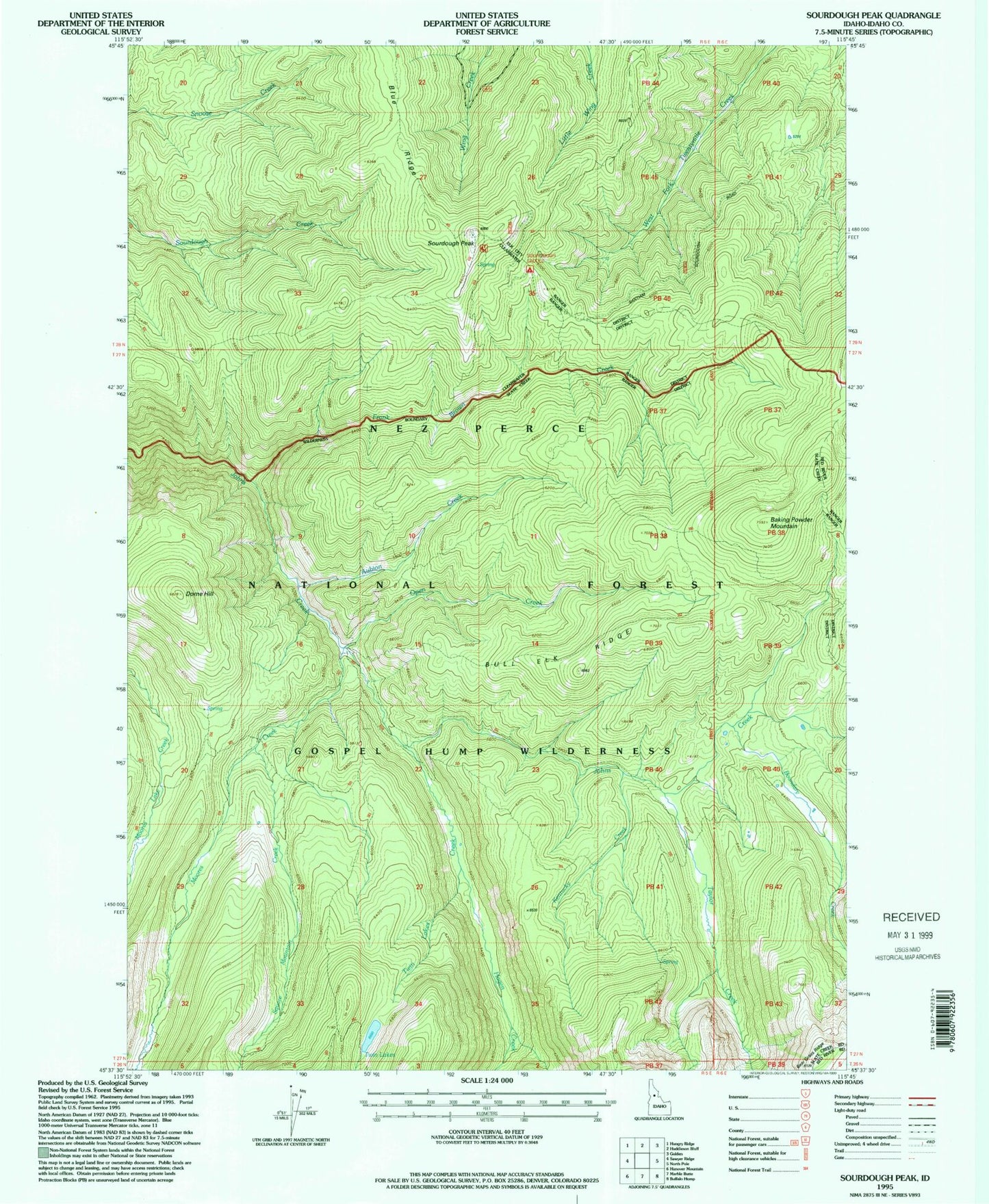 Classic USGS Sourdough Peak Idaho 7.5'x7.5' Topo Map Image