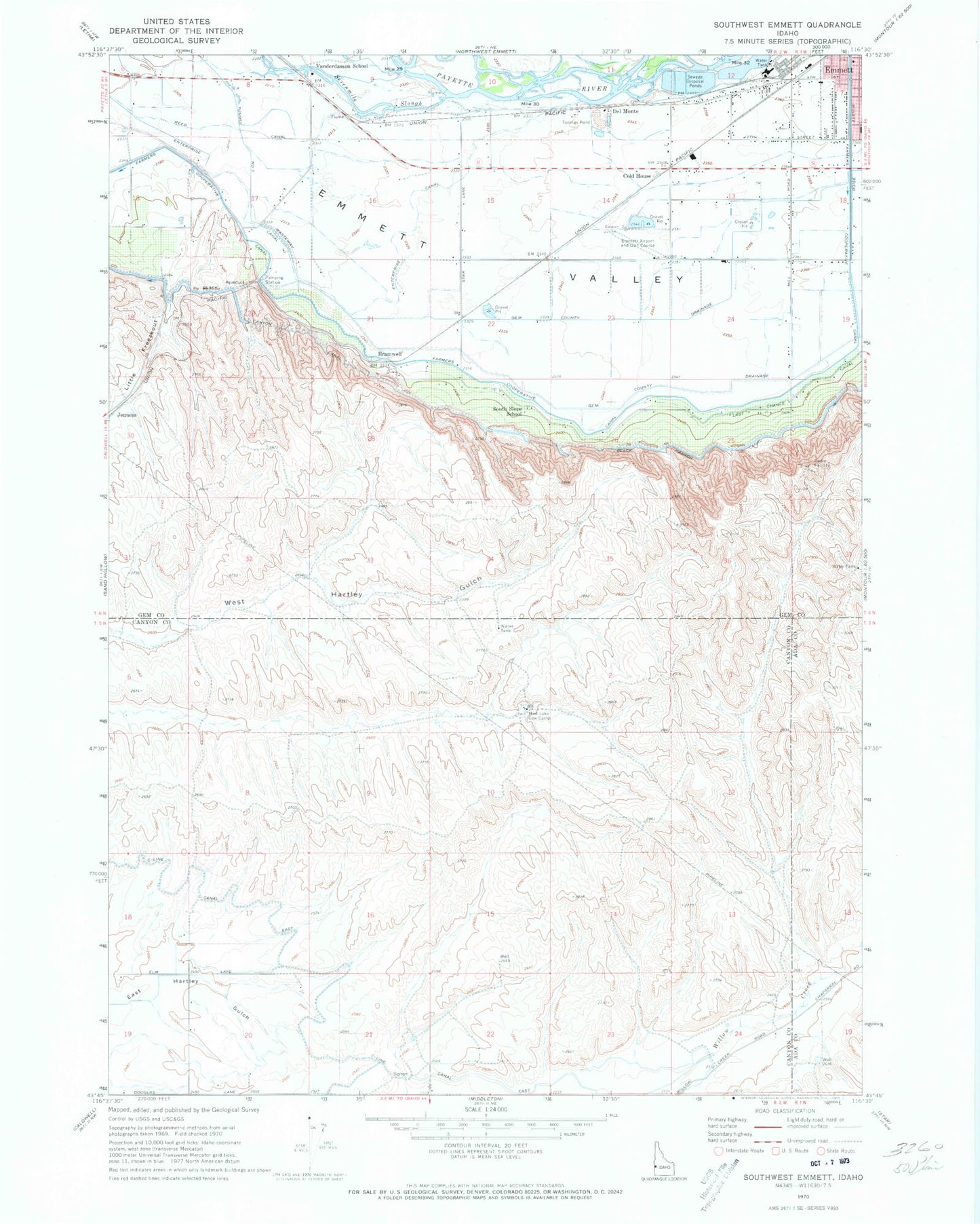 Classic USGS Southwest Emmett Idaho 7.5'x7.5' Topo Map Image