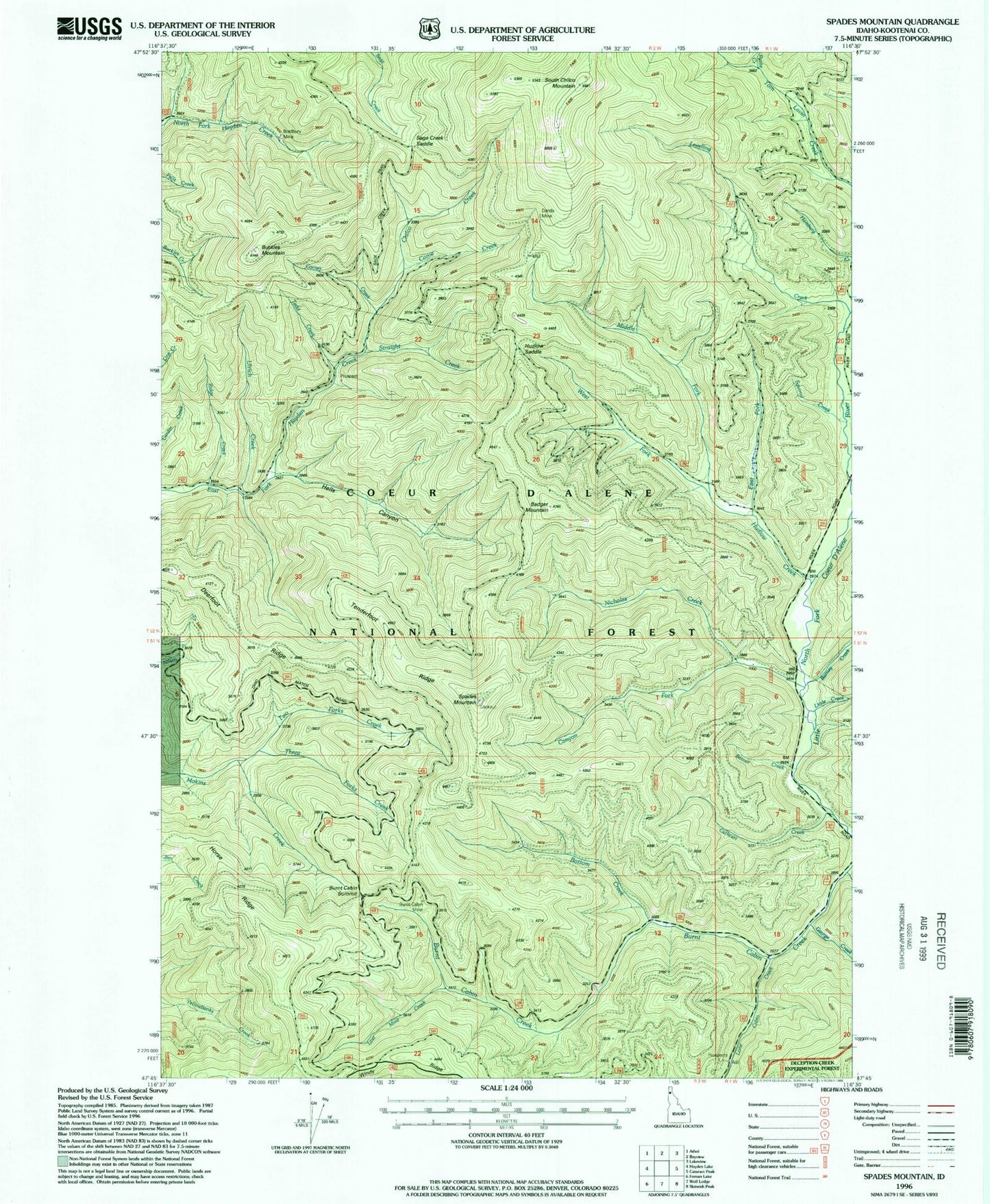 Classic USGS Spades Mountain Idaho 7.5'x7.5' Topo Map Image