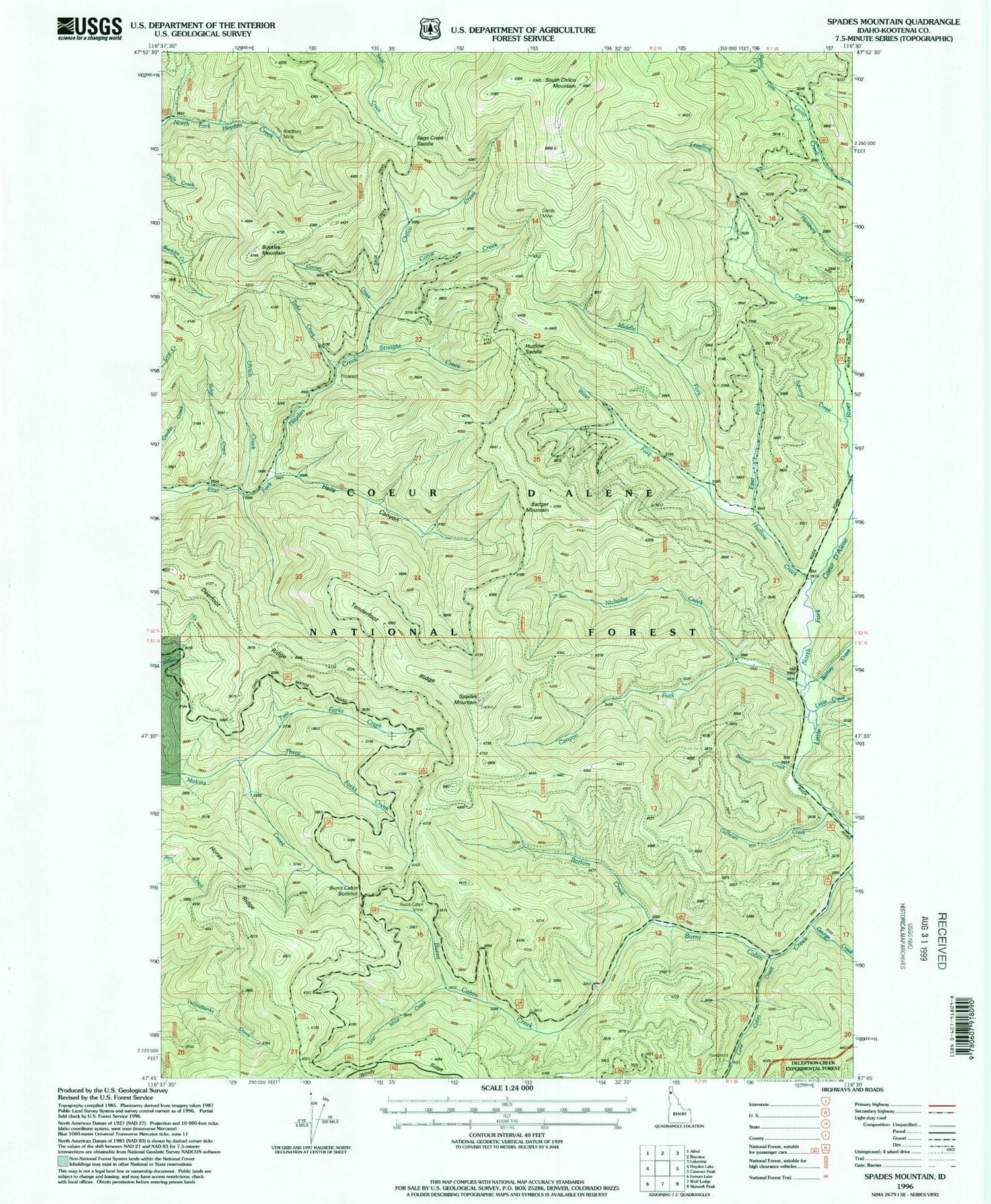 Classic USGS Spades Mountain Idaho 7.5'x7.5' Topo Map Image