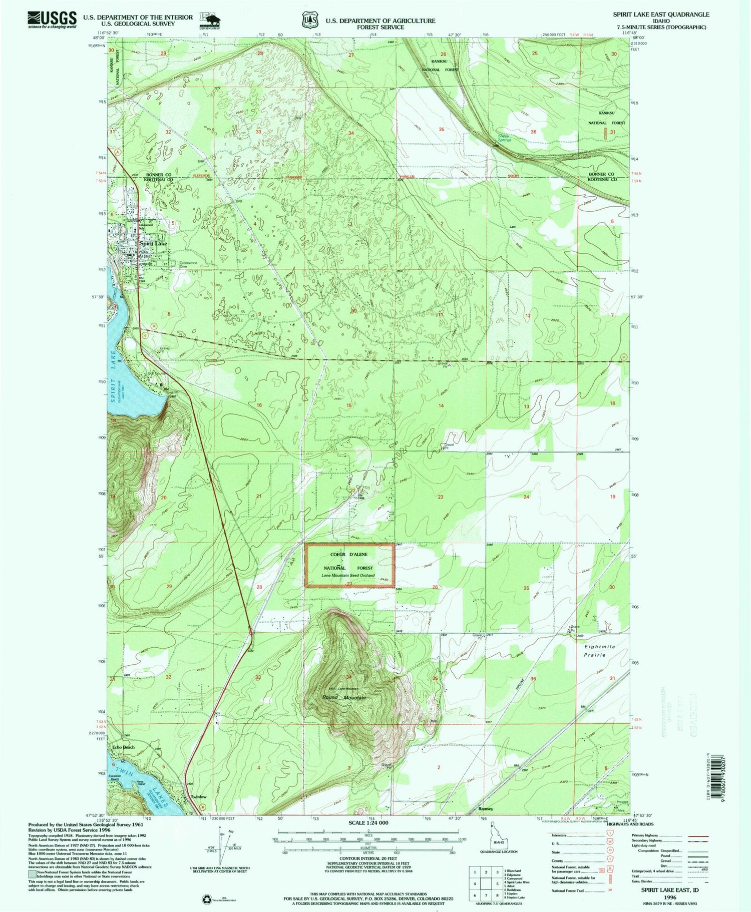 Classic USGS Spirit Lake East Idaho 7.5'x7.5' Topo Map Image