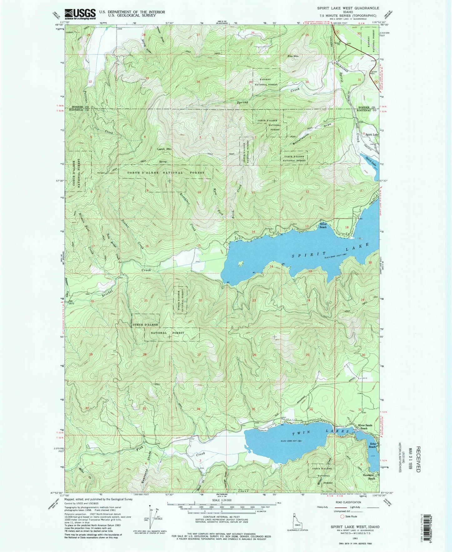 Classic USGS Spirit Lake West Idaho 7.5'x7.5' Topo Map Image