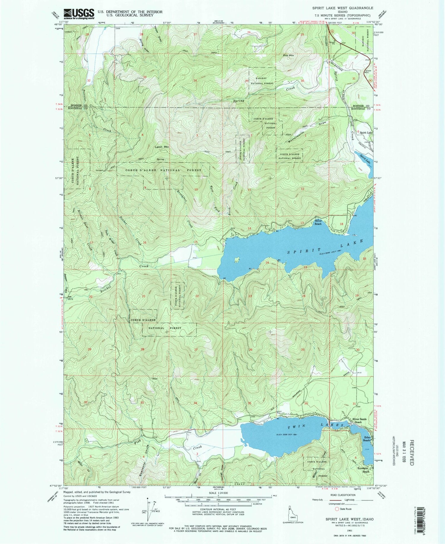 Classic USGS Spirit Lake West Idaho 7.5'x7.5' Topo Map Image