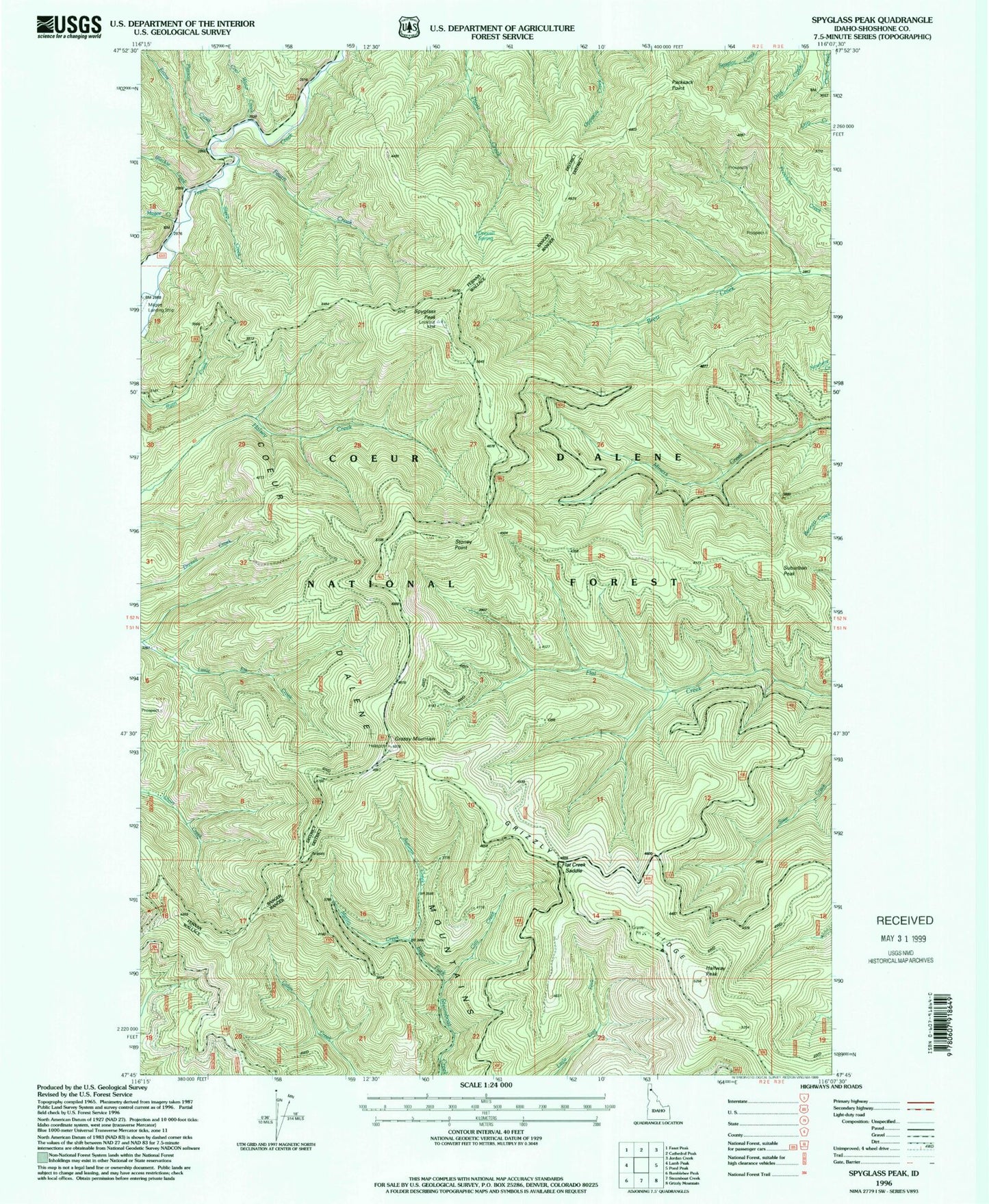 Classic USGS Spyglass Peak Idaho 7.5'x7.5' Topo Map Image