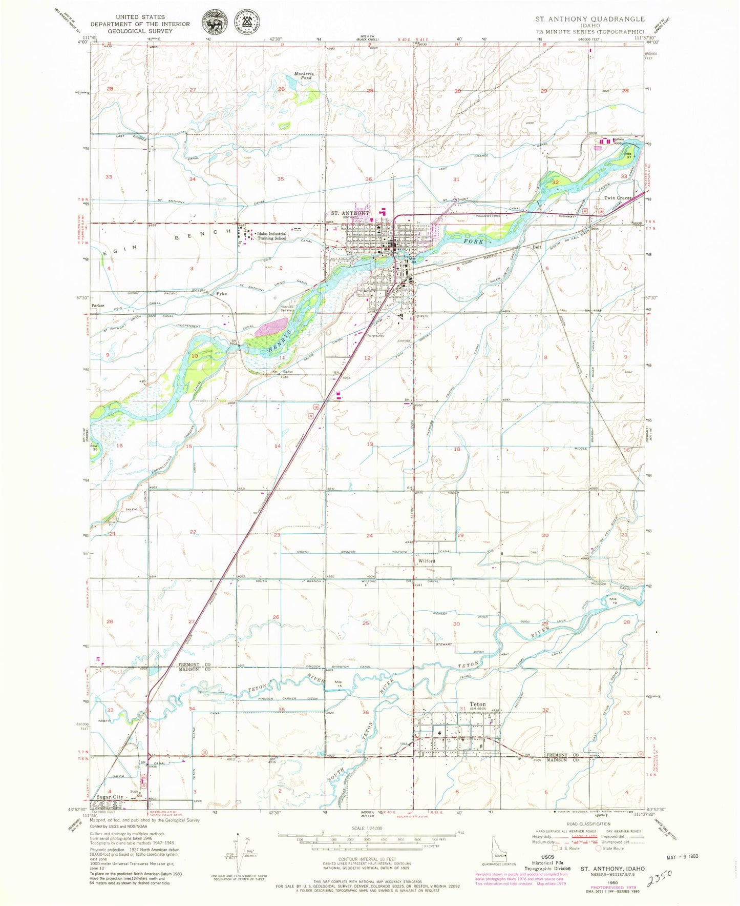Classic USGS Saint Anthony Idaho 7.5'x7.5' Topo Map Image