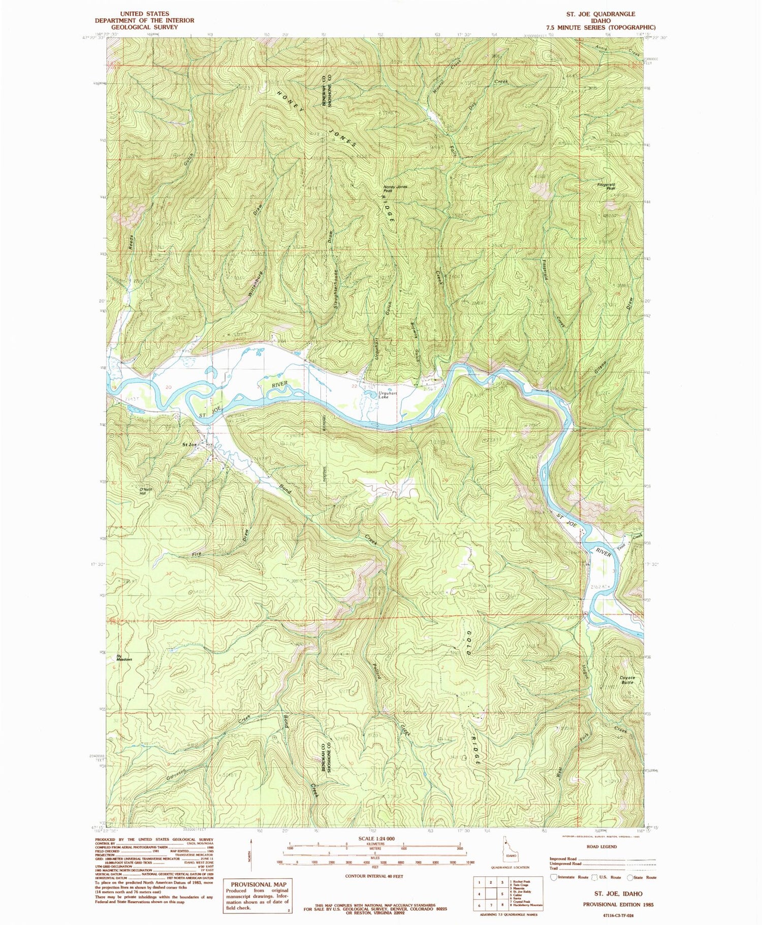 Classic USGS Saint Joe Idaho 7.5'x7.5' Topo Map Image