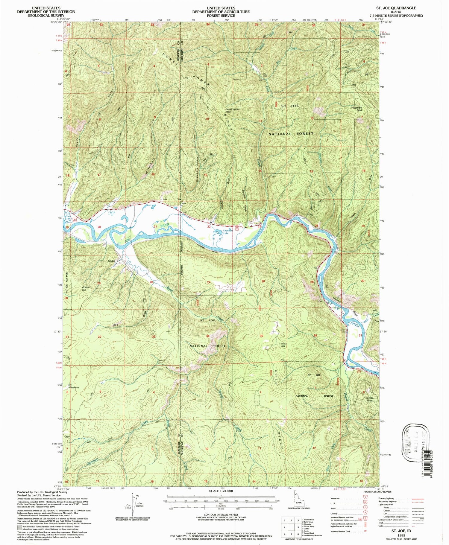 Classic USGS Saint Joe Idaho 7.5'x7.5' Topo Map Image