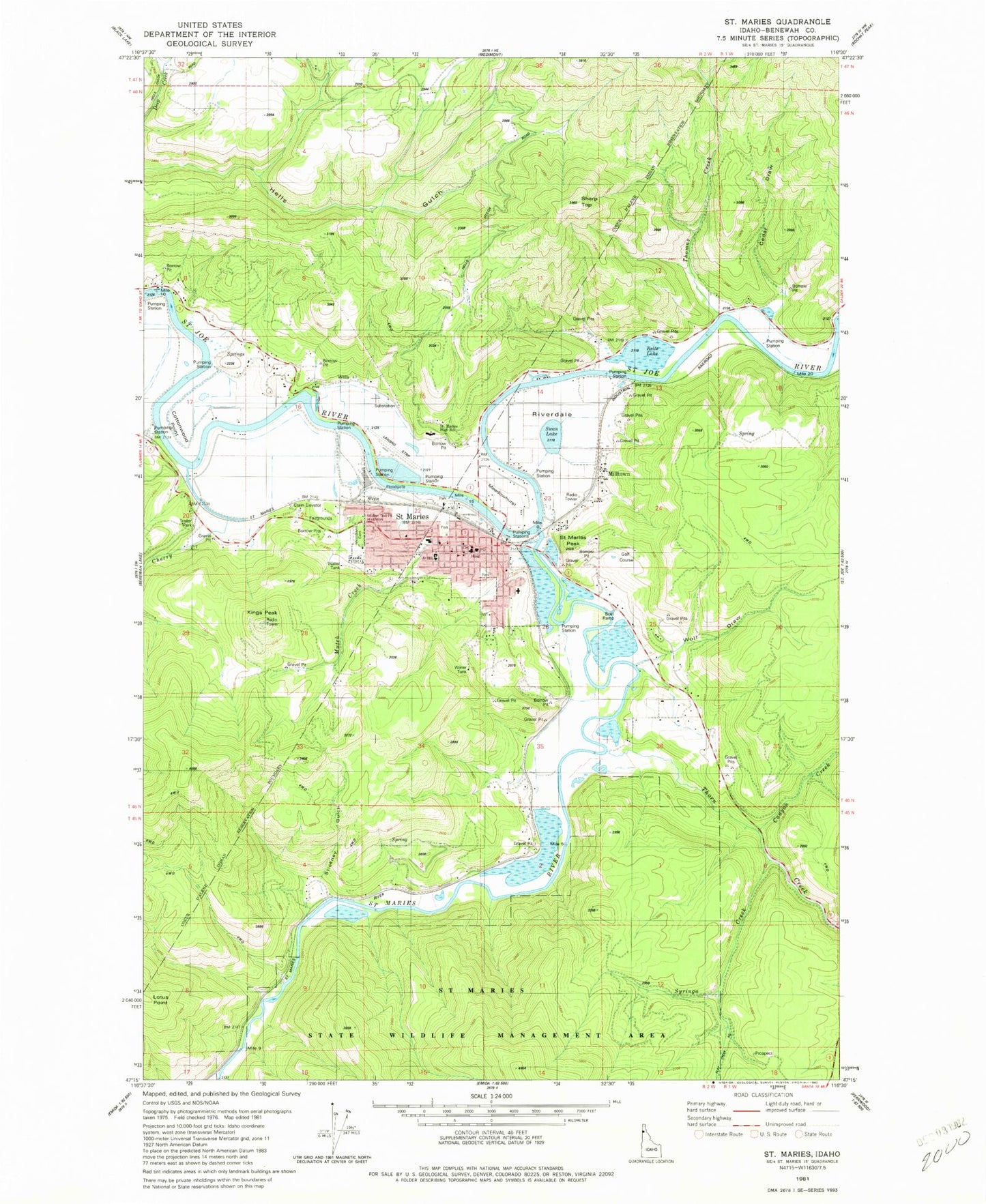 Classic USGS Saint Maries Idaho 7.5'x7.5' Topo Map Image