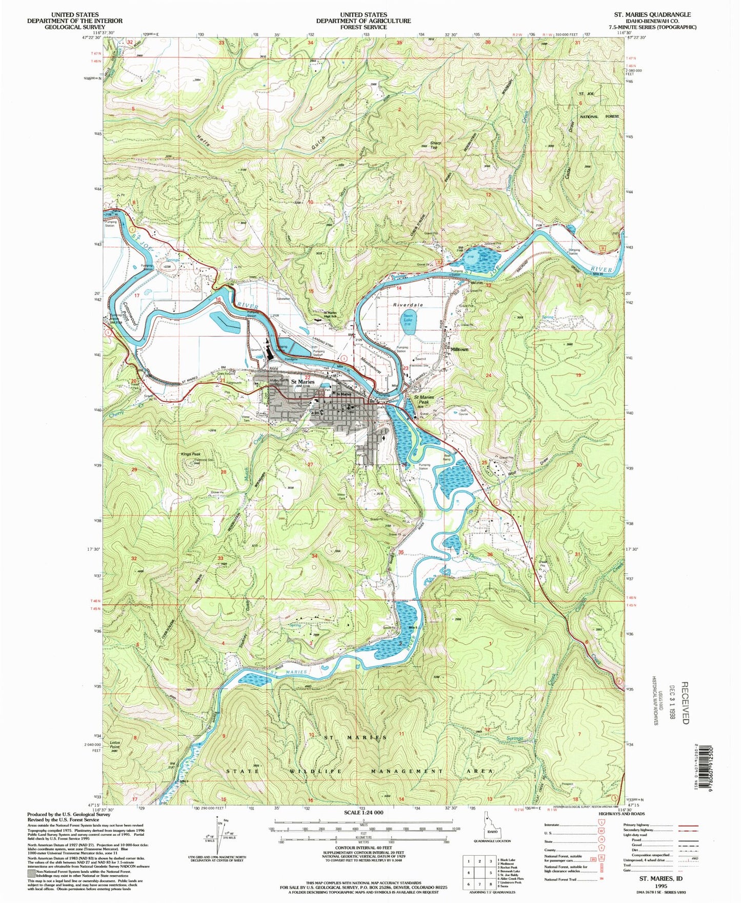 Classic USGS Saint Maries Idaho 7.5'x7.5' Topo Map Image