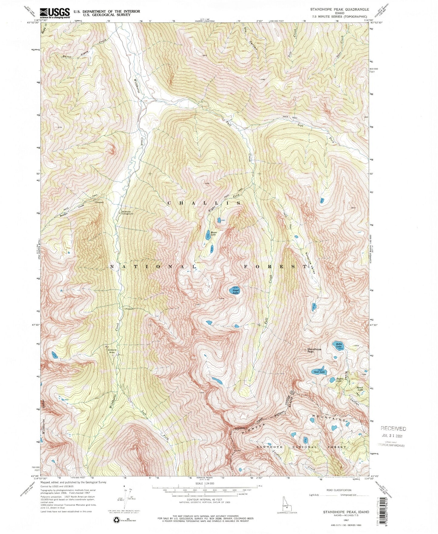 Classic USGS Standhope Peak Idaho 7.5'x7.5' Topo Map Image
