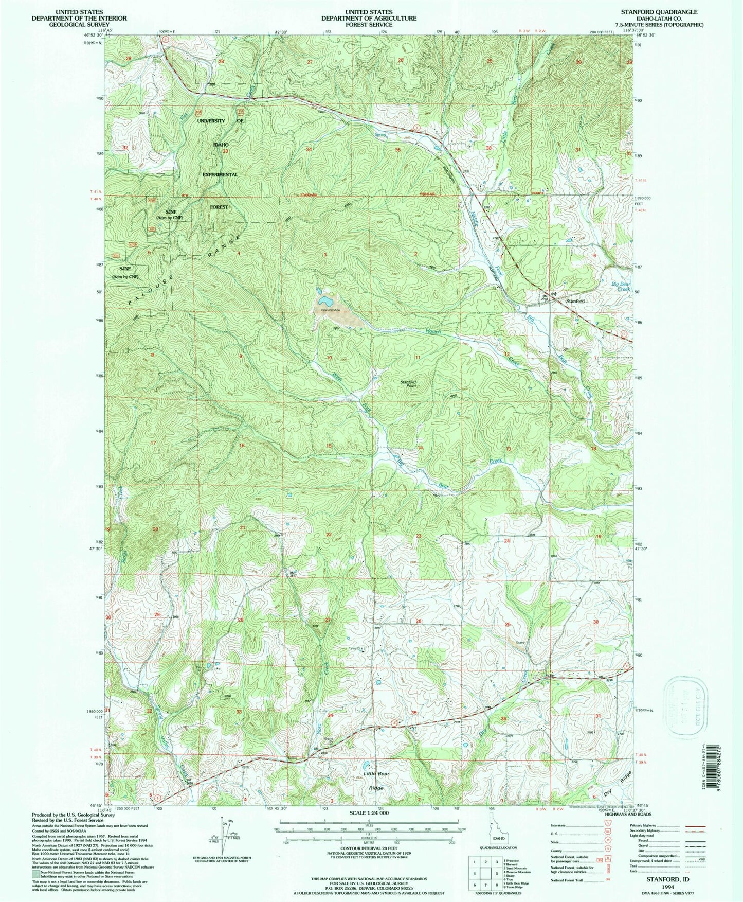 Classic USGS Stanford Idaho 7.5'x7.5' Topo Map Image