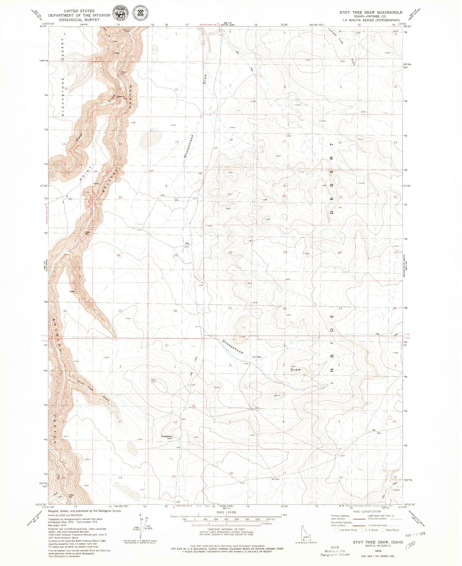 Classic USGS Stiff Tree Draw Idaho 7.5'x7.5' Topo Map Image