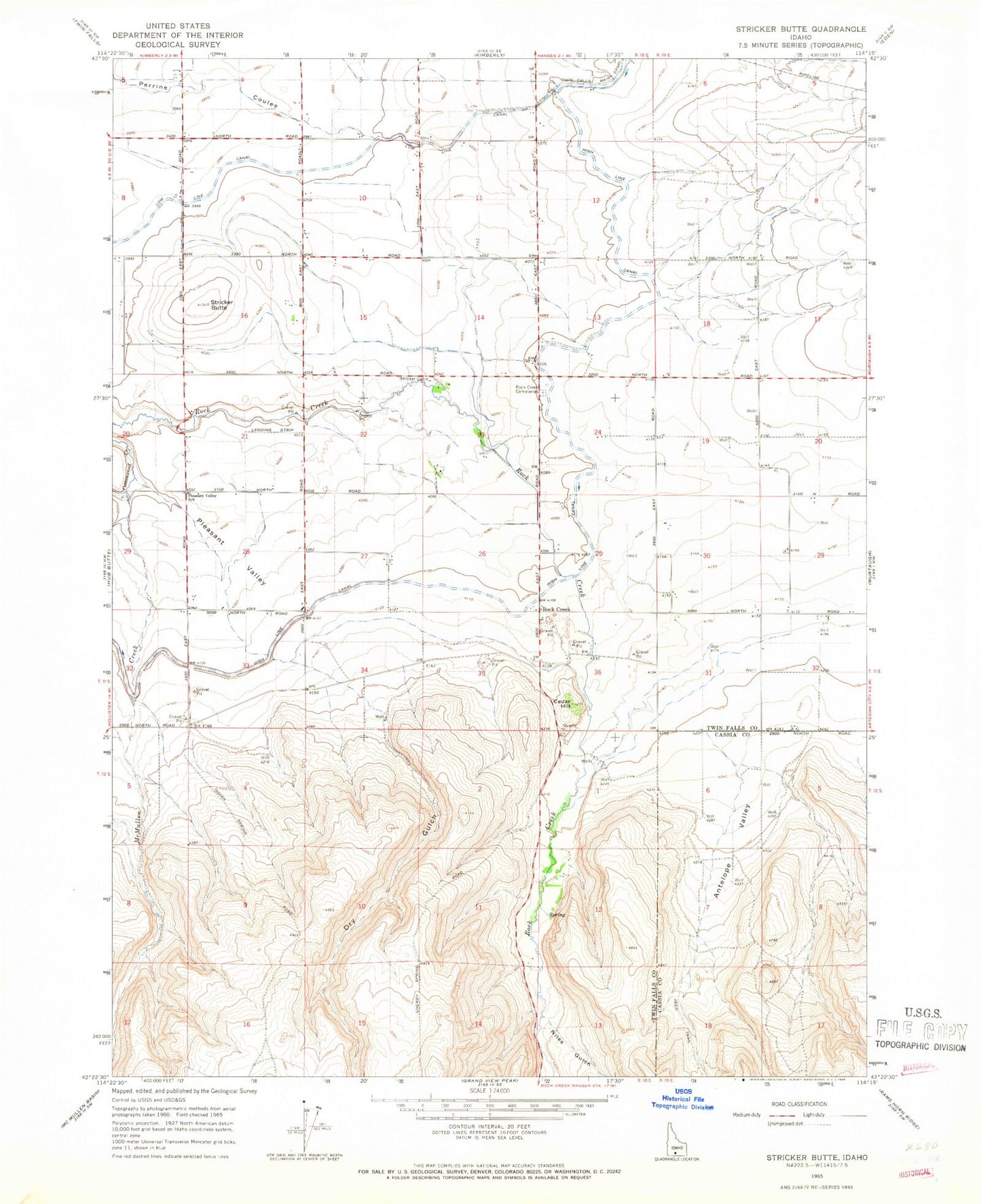 Classic USGS Stricker Butte Idaho 7.5'x7.5' Topo Map Image