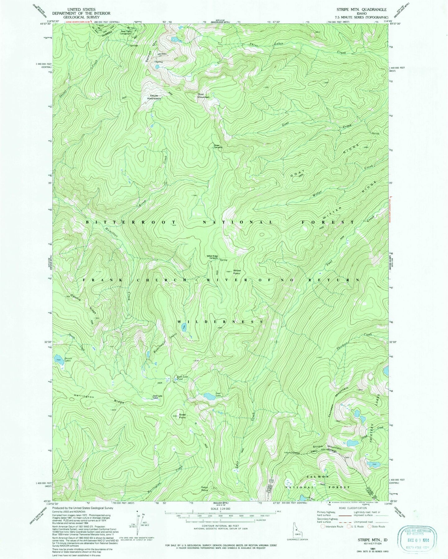 Classic USGS Stripe Mountain Idaho 7.5'x7.5' Topo Map Image