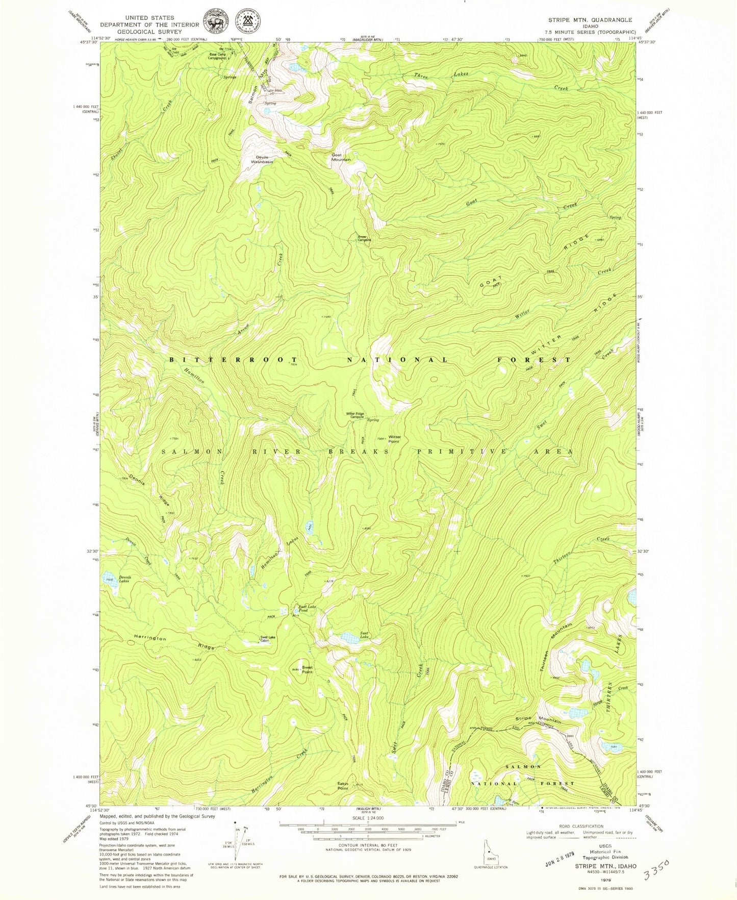 Classic USGS Stripe Mountain Idaho 7.5'x7.5' Topo Map Image
