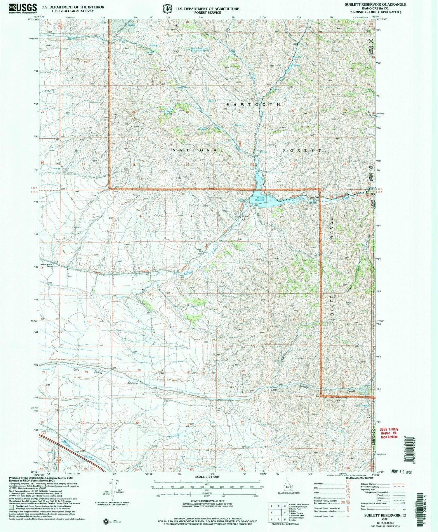Classic USGS Sublett Reservoir Idaho 7.5'x7.5' Topo Map Image