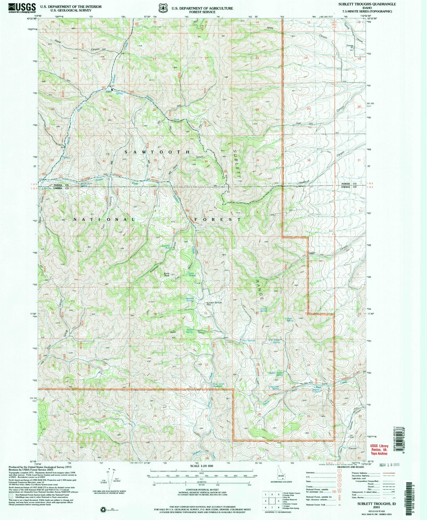 Classic USGS Sublett Troughs Idaho 7.5'x7.5' Topo Map Image