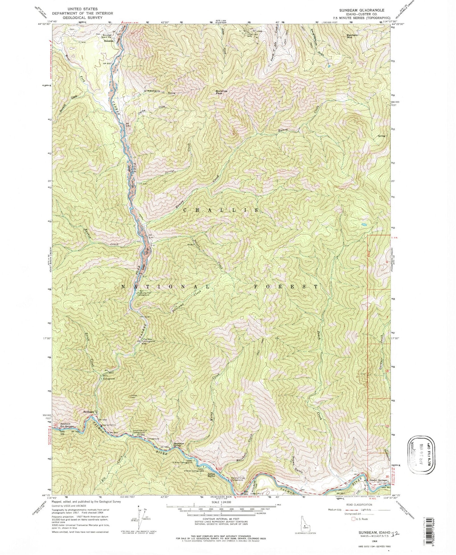 Classic USGS Sunbeam Idaho 7.5'x7.5' Topo Map Image