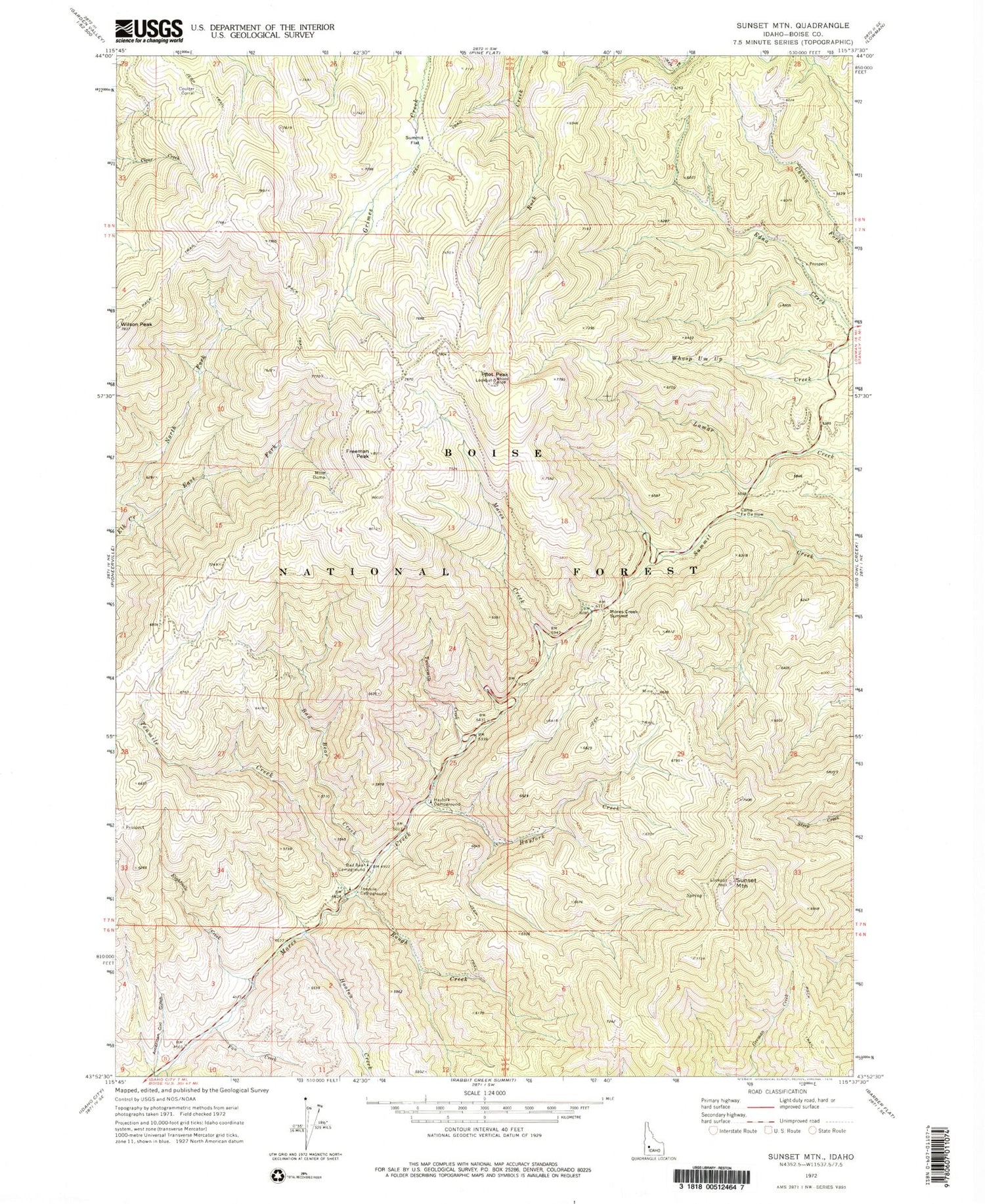 Classic USGS Sunset Mountain Idaho 7.5'x7.5' Topo Map Image