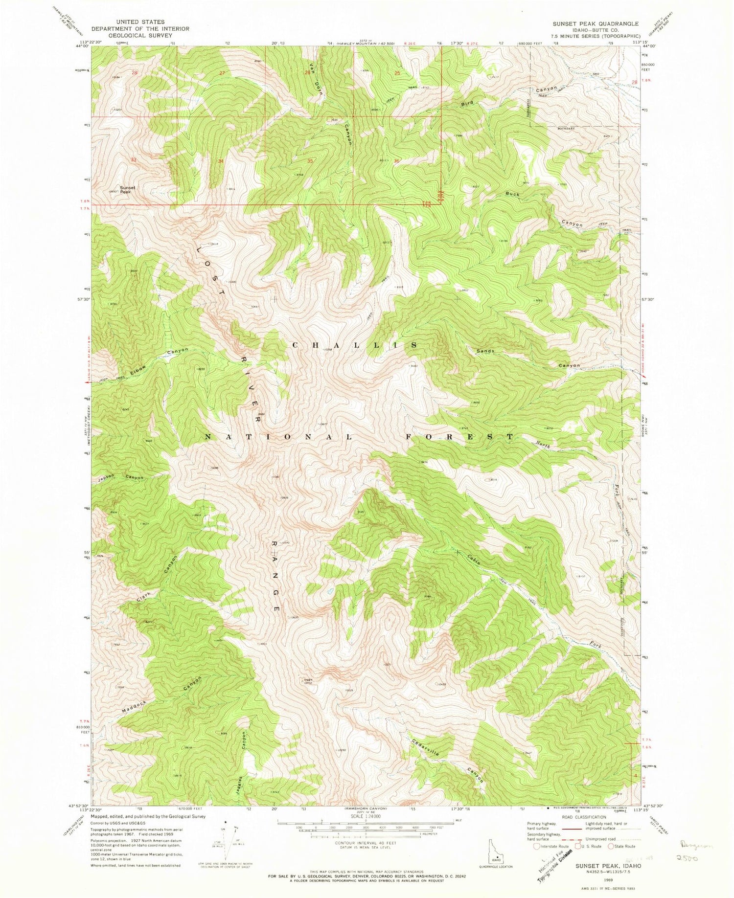 Classic USGS Sunset Peak Idaho 7.5'x7.5' Topo Map Image