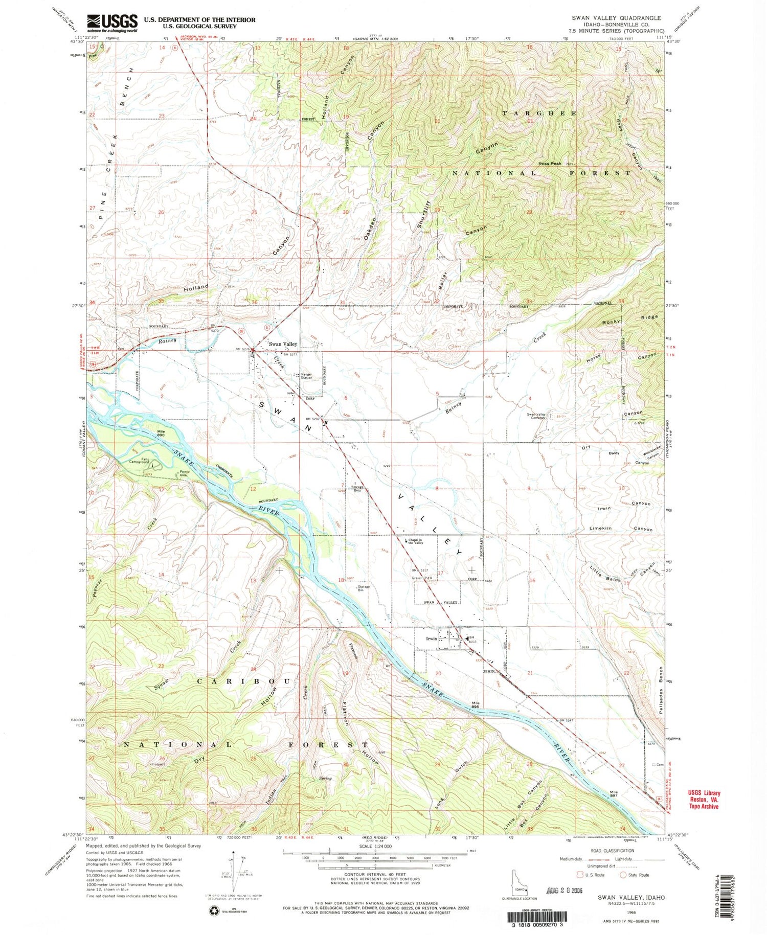 Classic USGS Swan Valley Idaho 7.5'x7.5' Topo Map Image