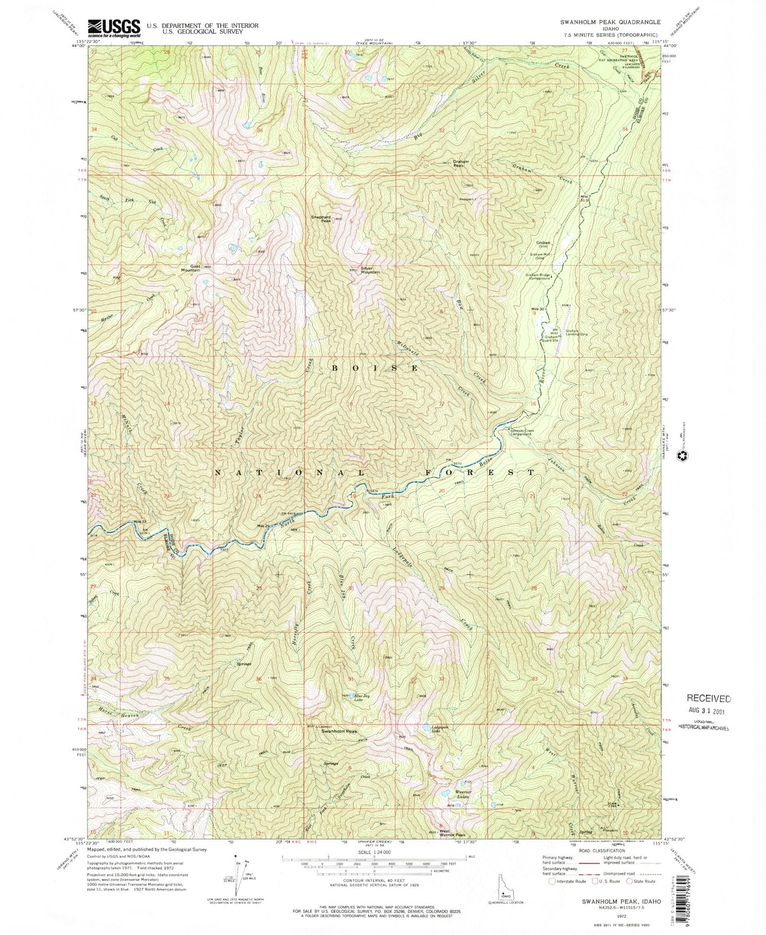 Classic USGS Swanholm Peak Idaho 7.5'x7.5' Topo Map Image