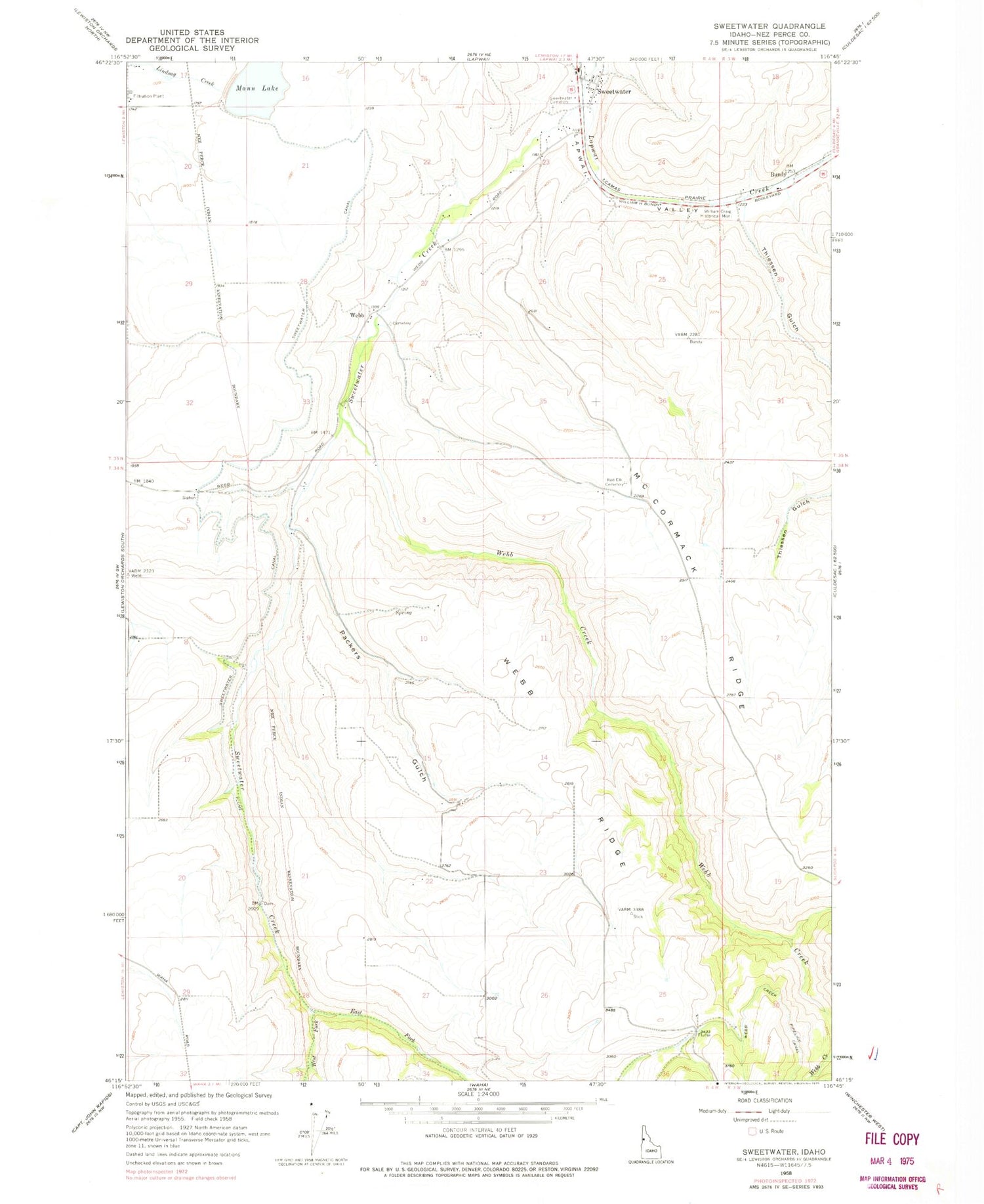 Classic USGS Sweetwater Idaho 7.5'x7.5' Topo Map Image