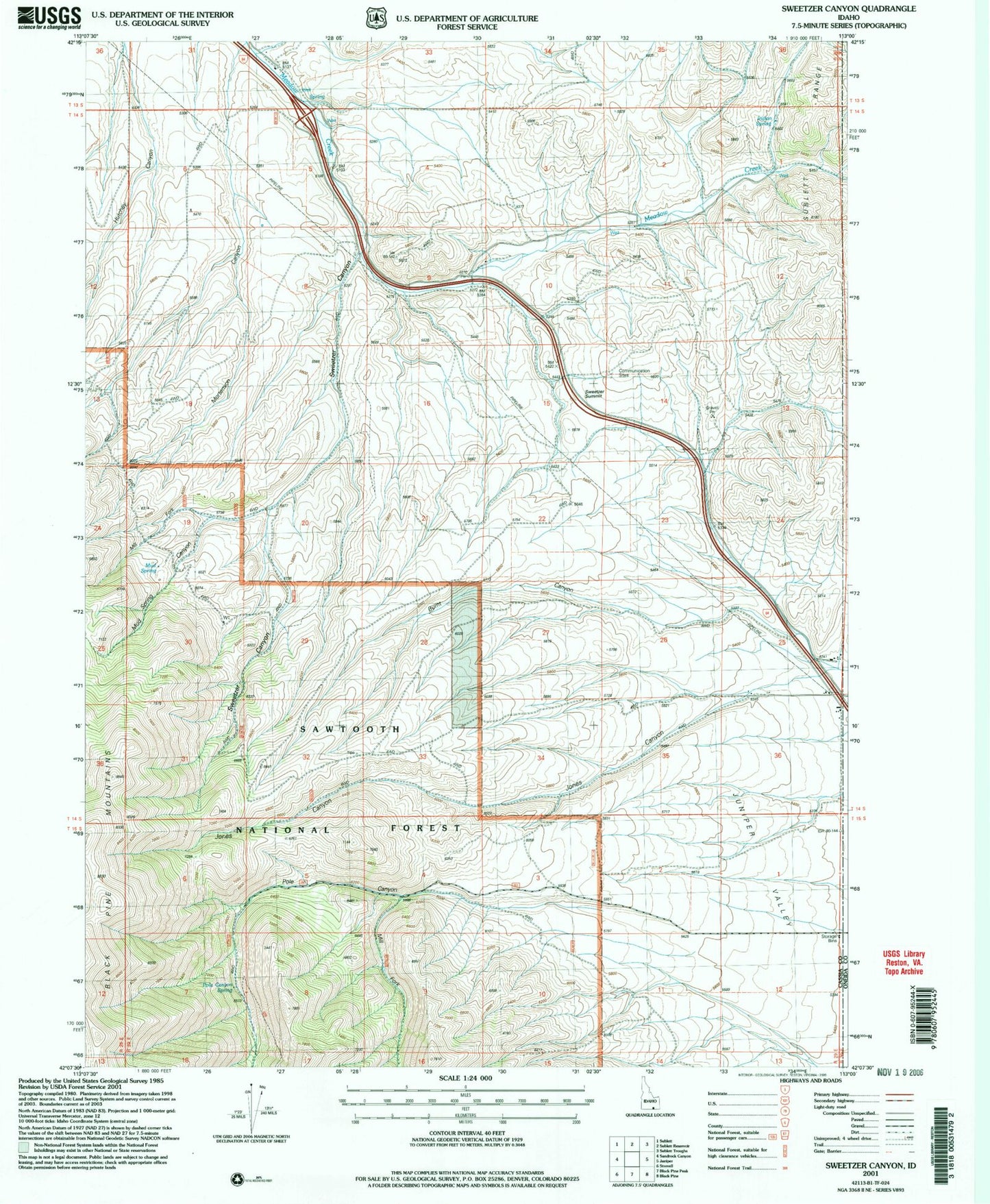 Classic USGS Sweetzer Canyon Idaho 7.5'x7.5' Topo Map Image