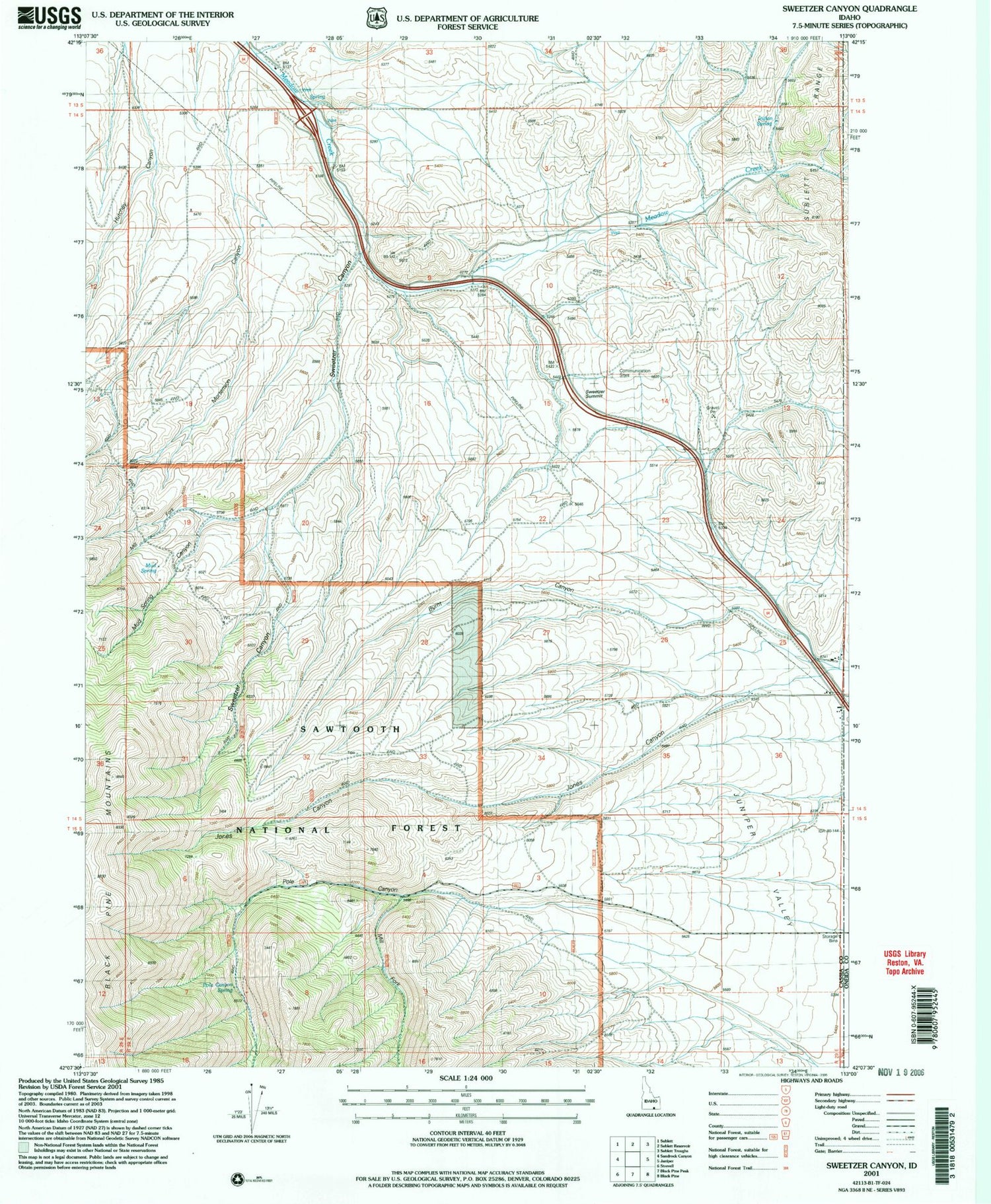 Classic USGS Sweetzer Canyon Idaho 7.5'x7.5' Topo Map Image