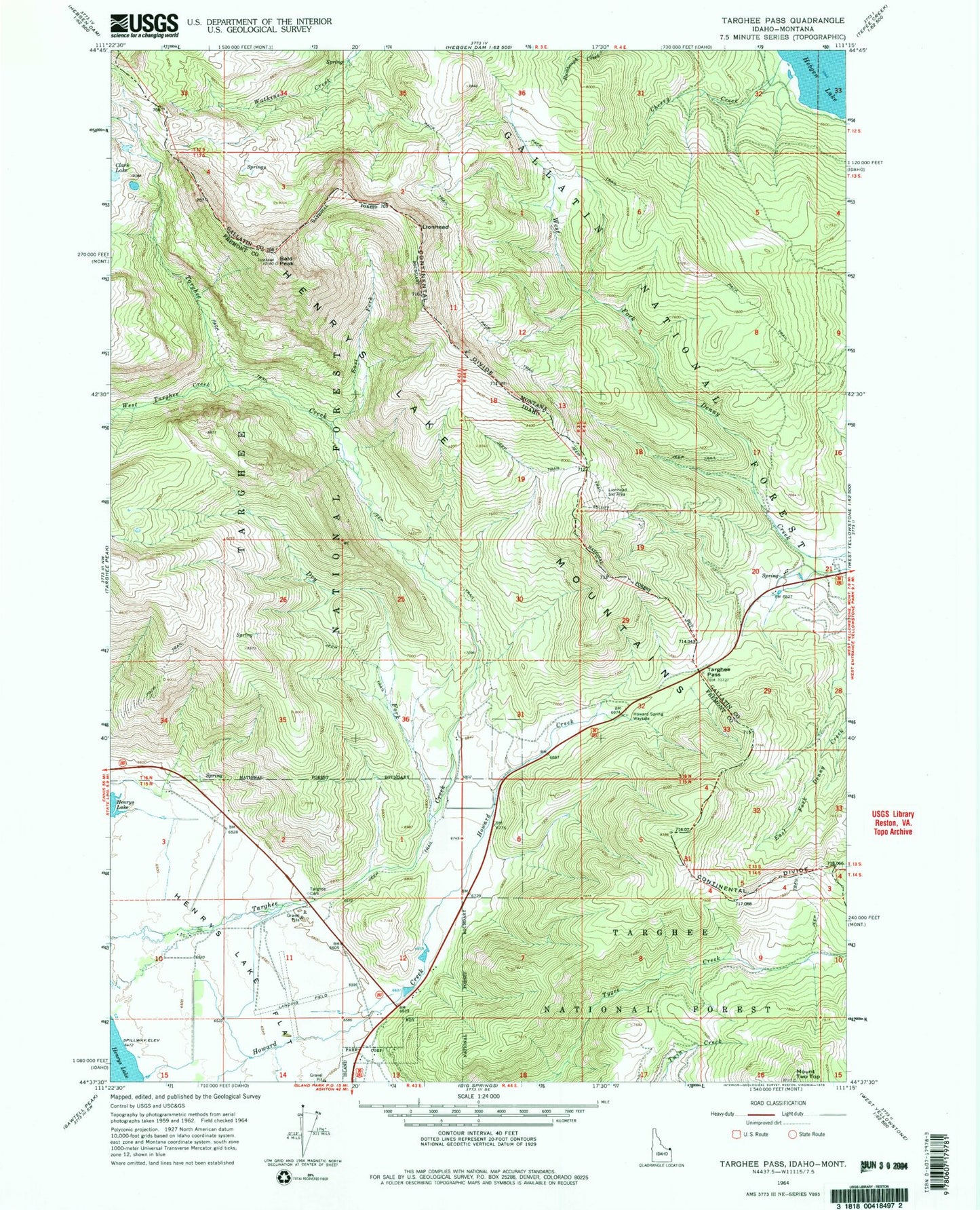Classic USGS Targhee Pass Idaho 7.5'x7.5' Topo Map Image