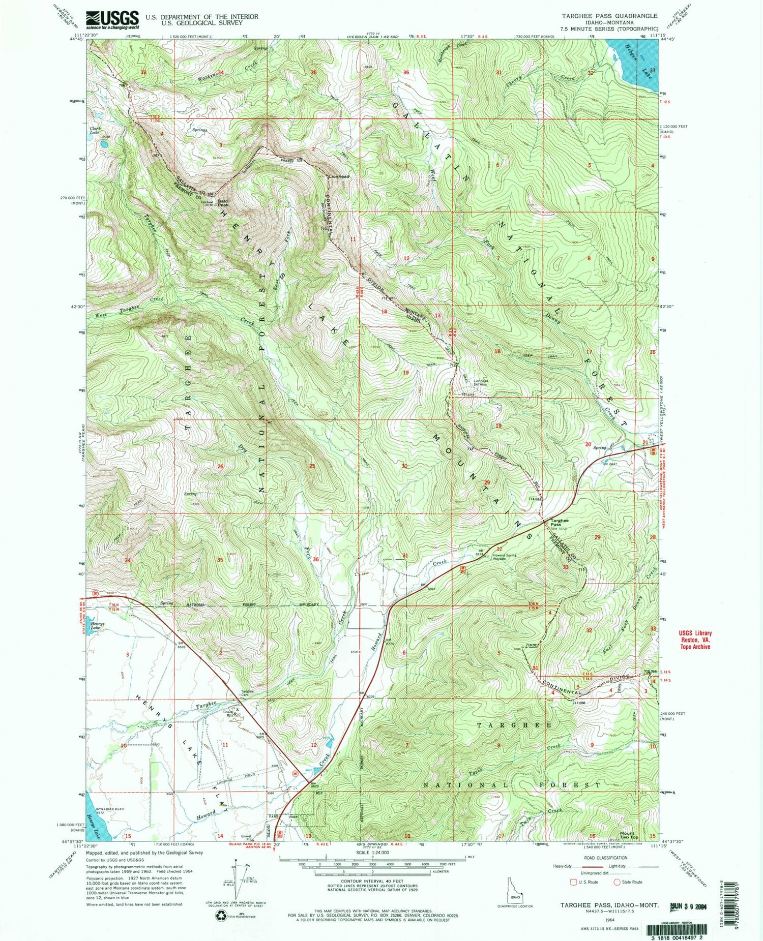 Classic USGS Targhee Pass Idaho 7.5'x7.5' Topo Map Image