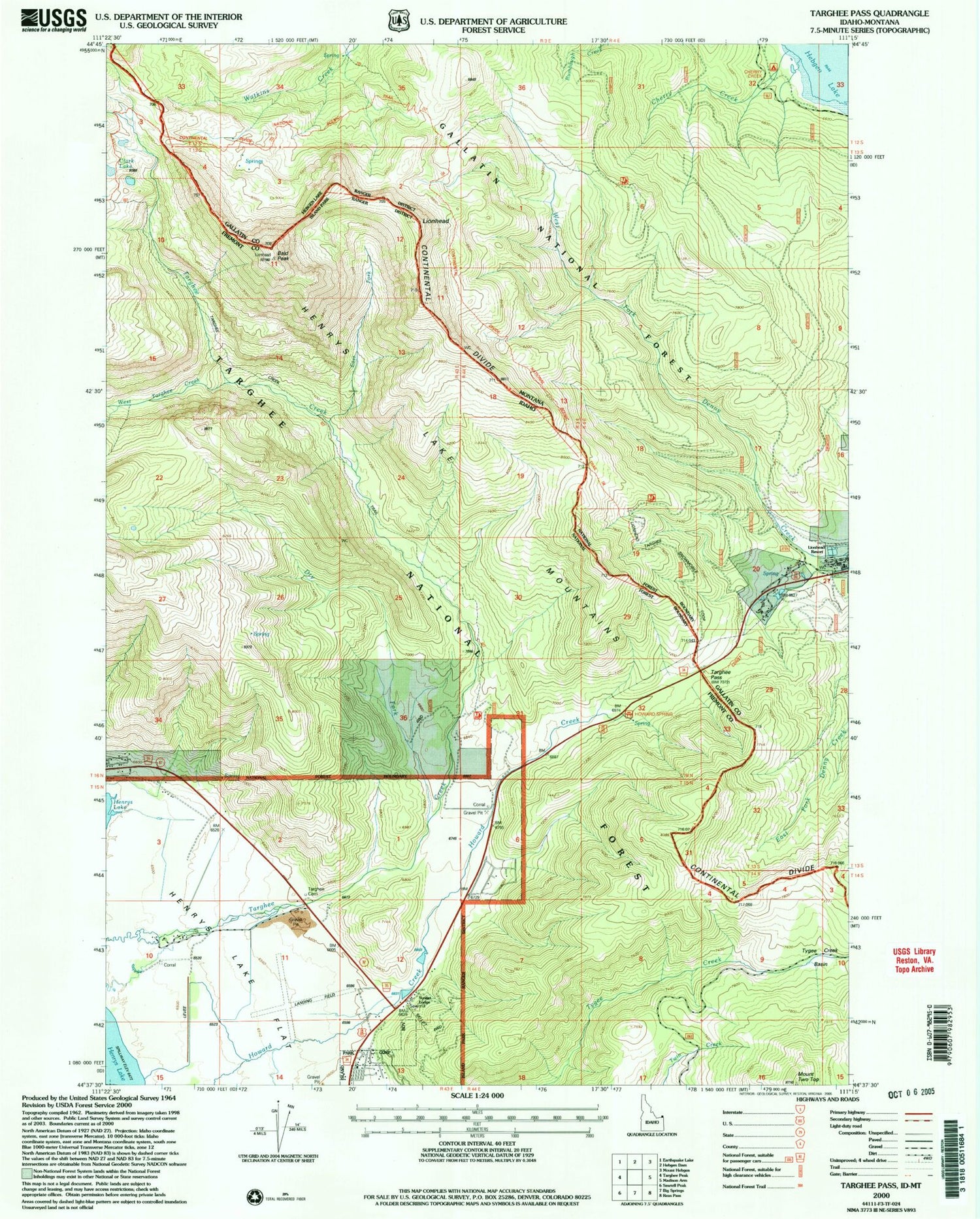 Classic USGS Targhee Pass Idaho 7.5'x7.5' Topo Map Image