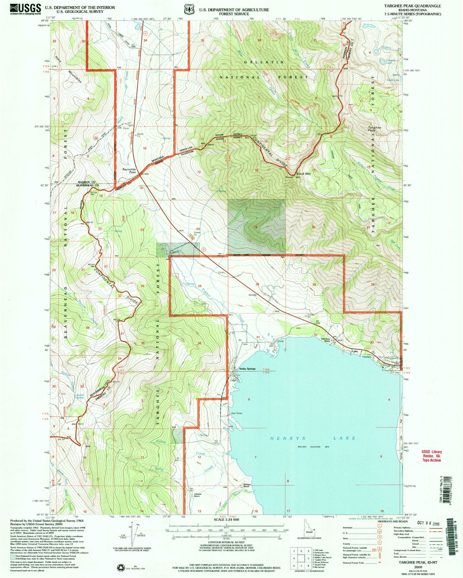 Classic USGS Targhee Peak Idaho 7.5'x7.5' Topo Map Image