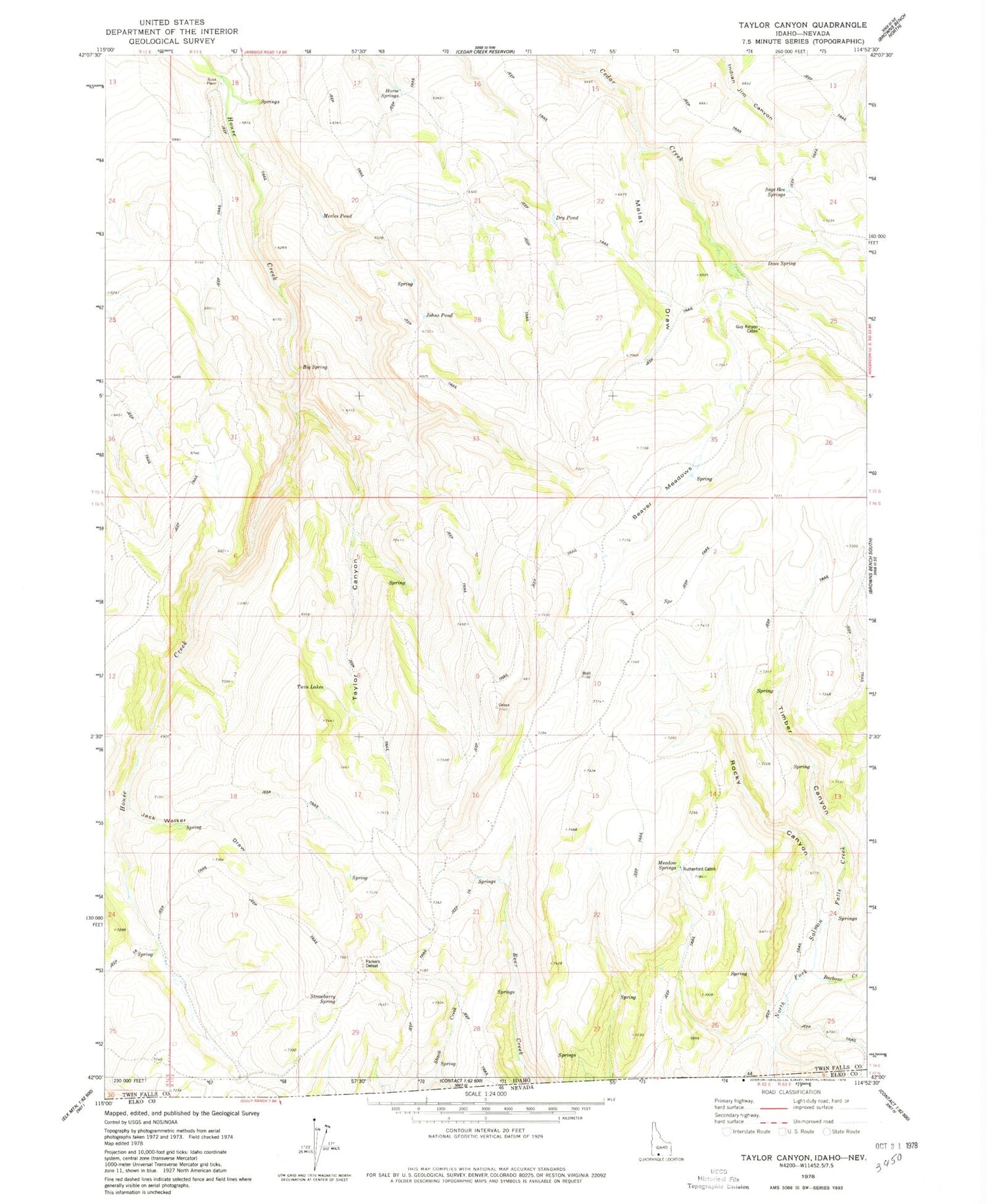 Classic USGS Taylor Canyon Idaho 7.5'x7.5' Topo Map Image