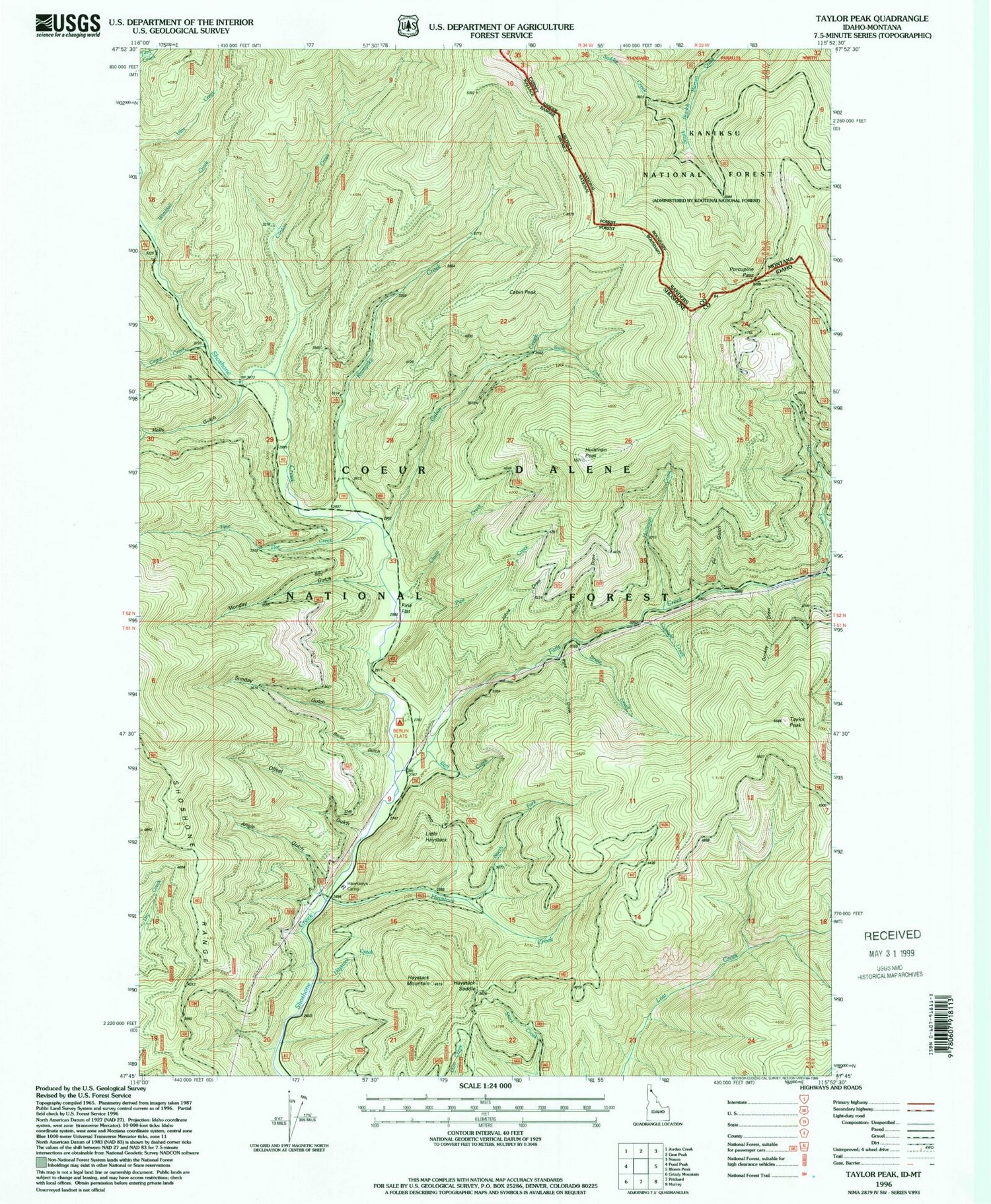 Classic USGS Taylor Peak Idaho 7.5'x7.5' Topo Map Image