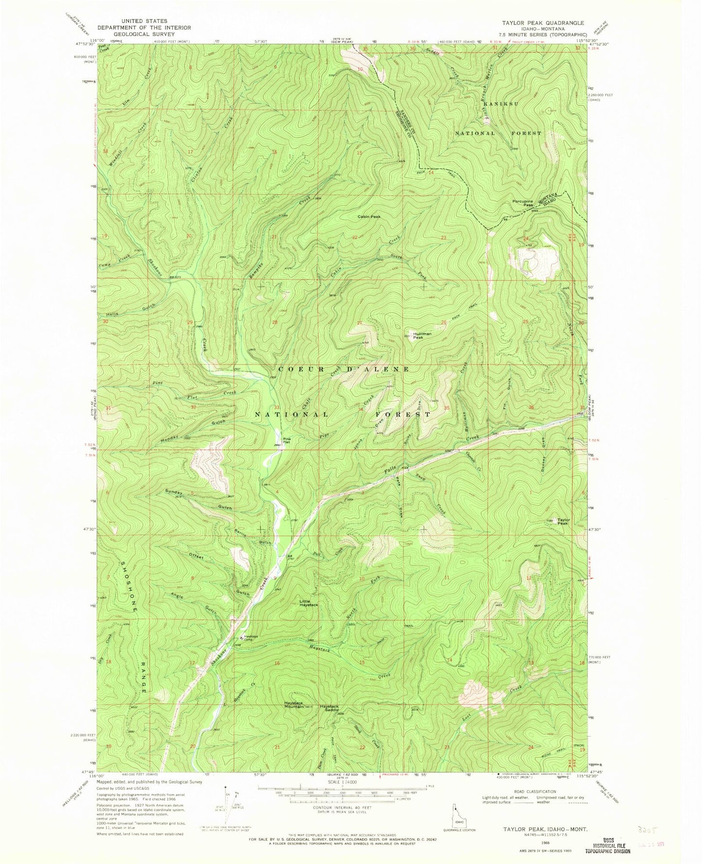 Classic USGS Taylor Peak Idaho 7.5'x7.5' Topo Map Image